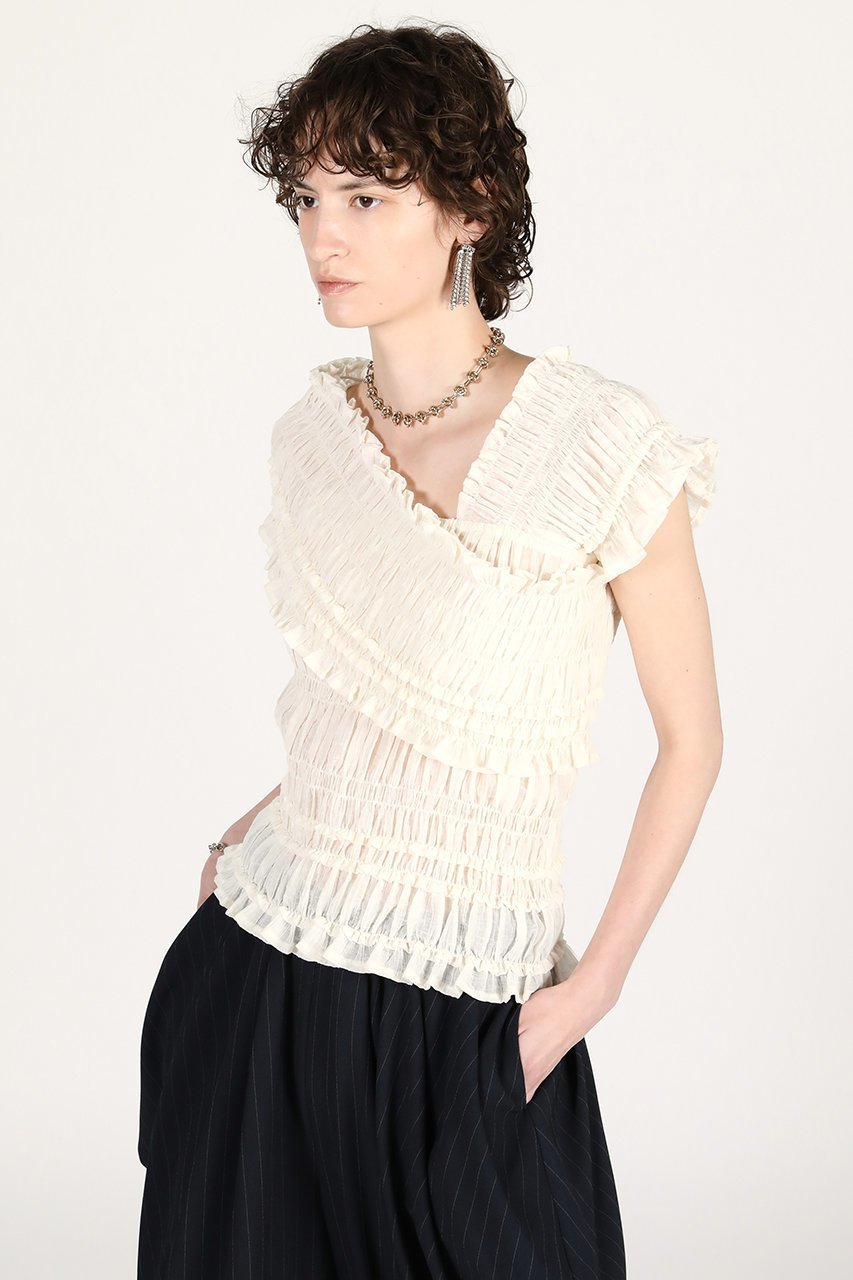 【プランク プロジェクト/PRANK PROJECT】のクレープシャーリングトップス / Crepe Shirring Top 人気、トレンドファッション・服の通販 founy(ファニー) 　ファッション　Fashion　レディースファッション　Fashion for Women　トップス・カットソー　Cut & Sew Tops　シャツ・ブラウス・オフィスカジュアル　Elegant Blouses & Button-Ups　おすすめ　Recommended / Our Picks　アシンメトリー　Asymmetrical Style　コンパクト　Compact, Small Size　シアー　Sheer, See-Through　シフォン　Chiffon, Lightweight Fabric　シャーリング　Shirring, Ruched　ショート　Short, Short Length　ストレッチ　Stretch, Stretchy Fabric　スリーブ　Sleeve, Long Sleeve / Short Sleeve　デニム　Denim, Jeans Material　バランス　Balance, Style Balance　フェミニン　Feminine, Girly　新作・新入荷　New Arrivals / New In　other-7|ID: prp329100004932038 ipo3291000000037017828