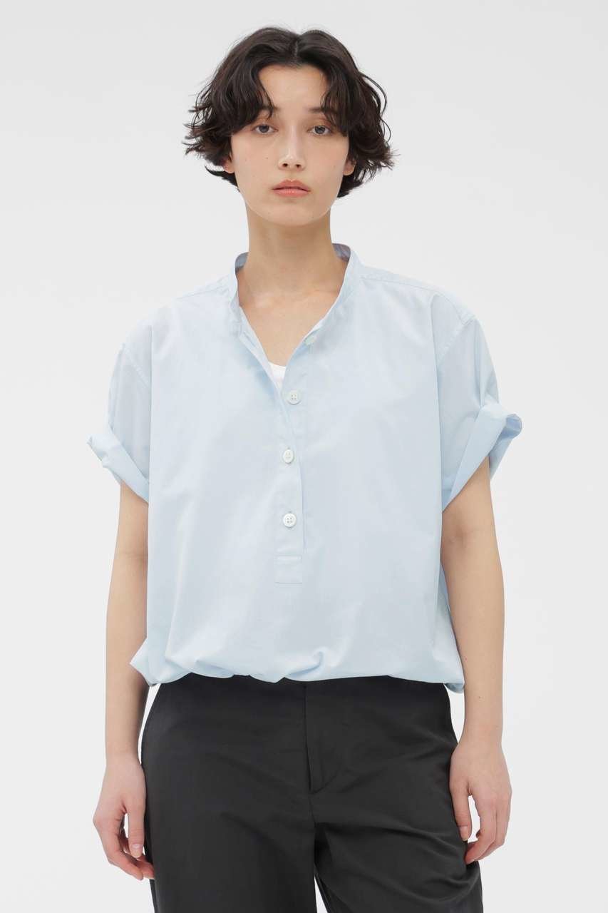【マーガレットハウエル/MARGARET HOWELL】のYARN DYED COTTON POPLIN SHIRT インテリア・キッズ・メンズ・レディースファッション・服の通販 founy(ファニー) 　ファッション　Fashion　レディースファッション　Fashion for Women　トップス・カットソー　Cut & Sew Tops　シャツ・ブラウス・オフィスカジュアル　Elegant Blouses & Button-Ups　なめらか　Smooth, Silky Texture　ショート　Short, Short Length　スピンドル　Spindle, Drawcord　スリーブ　Sleeve, Long Sleeve / Short Sleeve　ブラウジング　Blouson Silhouette, Cinched Waist　エレガント 上品　Elegant　半袖　Short Sleeve, Half Sleeve　ブルー|ID: prp329100004932165 ipo3291000000037018926