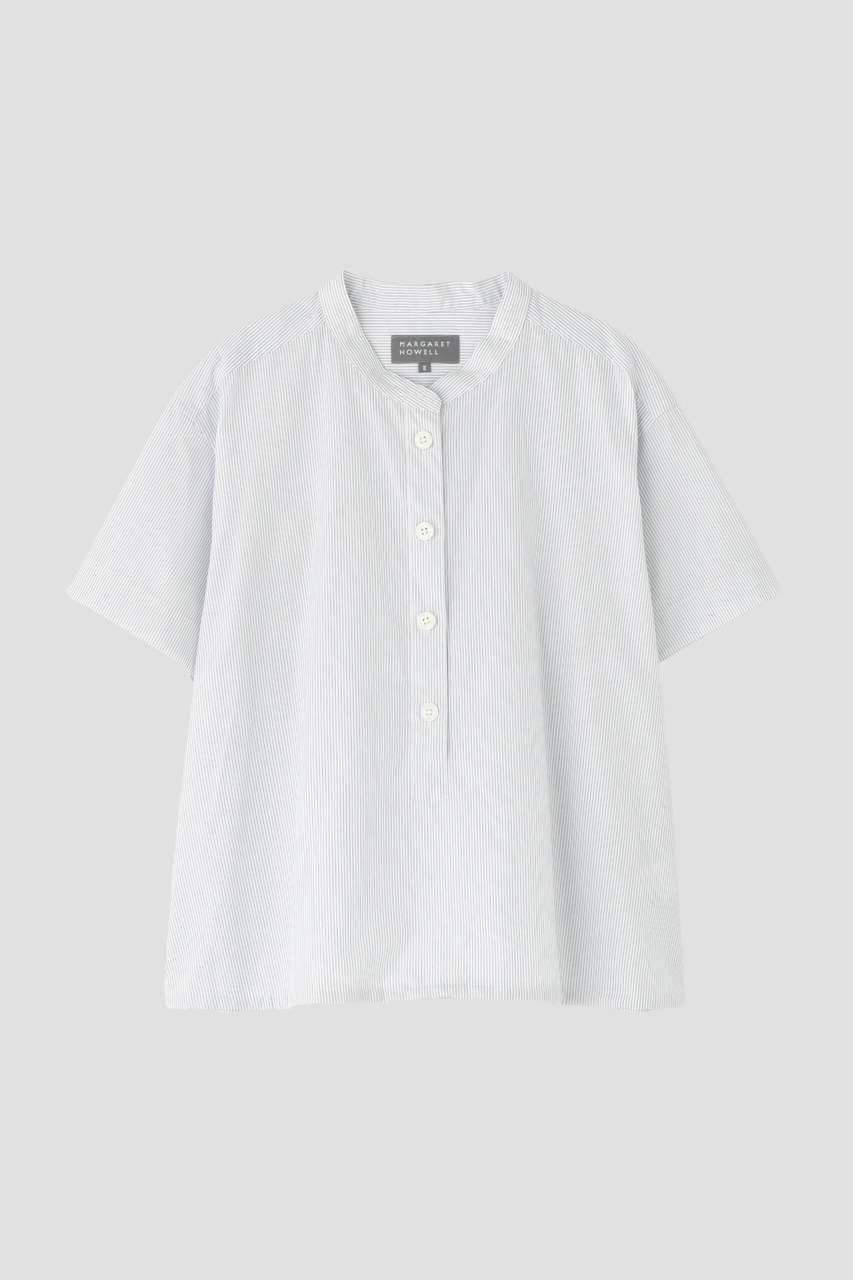 【マーガレットハウエル/MARGARET HOWELL】のYARN DYED COTTON POPLIN SHIRT 人気、トレンドファッション・服の通販 founy(ファニー) 　ファッション　Fashion　レディースファッション　Fashion for Women　トップス・カットソー　Cut & Sew Tops　シャツ・ブラウス・オフィスカジュアル　Elegant Blouses & Button-Ups　なめらか　Smooth, Silky Texture　ショート　Short, Short Length　スピンドル　Spindle, Drawcord　スリーブ　Sleeve, Long Sleeve / Short Sleeve　ブラウジング　Blouson Silhouette, Cinched Waist　エレガント 上品　Elegant　半袖　Short Sleeve, Half Sleeve　other-4|ID: prp329100004932165 ipo3291000000037018930
