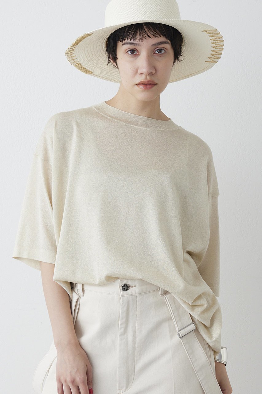 【ウィムガゼット/Whim Gazette】のラメニットTEE インテリア・キッズ・メンズ・レディースファッション・服の通販 founy(ファニー) 　ファッション　Fashion　レディースファッション　Fashion for Women　トップス・カットソー　Cut & Sew Tops　ニット　Knit Tops & Sweaters　シャツ・ブラウス・オフィスカジュアル　Elegant Blouses & Button-Ups　ロングTシャツ・Tシャツ　Longline T-Shirts & Tees　カットソー・ベーシックTシャツ　Cut-and-Sewn Tops / Stretch Tees & Basics　なめらか　Smooth, Silky Texture　インナー　Innerwear　ショート　Short, Short Length　シルバー　Silver, Metallic Silver　シンプル　Simple, Minimal　ジャケット　Jacket, Outerwear　スリーブ　Sleeve, Long Sleeve / Short Sleeve　ベスト　Vest, Waistcoat　ボトム　Bottoms, Lower Wear　リラックス　Relax, Relaxed Fit　エレガント 上品　Elegant　半袖　Short Sleeve, Half Sleeve　ゴールド|ID: prp329100004932224 ipo3291000000037019422