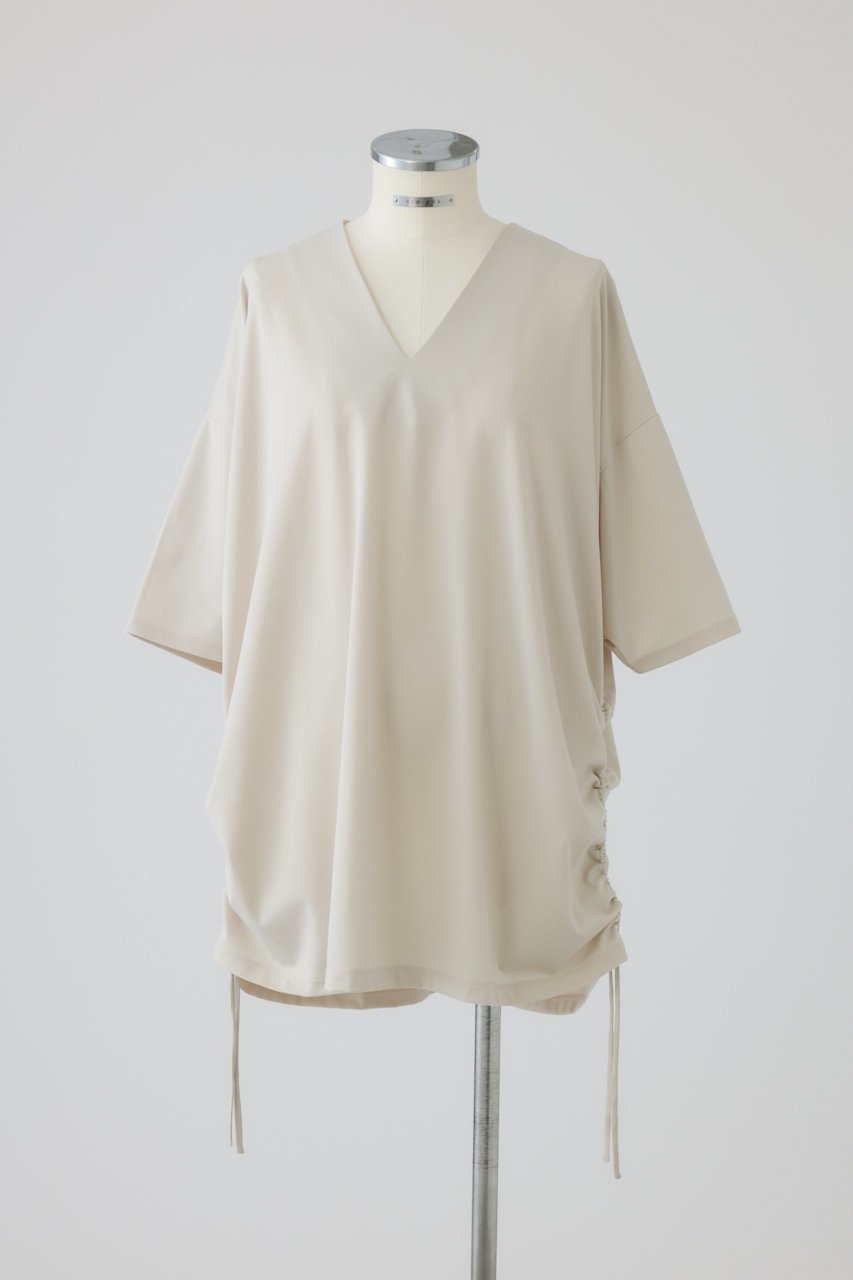 【リムアーク/RIM.ARK】のSide drawstring big T-shirts/Tシャツ インテリア・キッズ・メンズ・レディースファッション・服の通販 founy(ファニー) 　ファッション　Fashion　レディースファッション　Fashion for Women　トップス・カットソー　Cut & Sew Tops　シャツ・ブラウス・オフィスカジュアル　Elegant Blouses & Button-Ups　ロングTシャツ・Tシャツ　Longline T-Shirts & Tees　カットソー・ベーシックTシャツ　Cut-and-Sewn Tops / Stretch Tees & Basics　カットソー　Cut and Sewn Top　コンパクト　Compact, Small Size　シャーリング　Shirring, Ruched　ショート　Short, Short Length　スリーブ　Sleeve, Long Sleeve / Short Sleeve　バランス　Balance, Style Balance　エレガント 上品　Elegant　ライトベージュ|ID: prp329100004932257 ipo3291000000037019725
