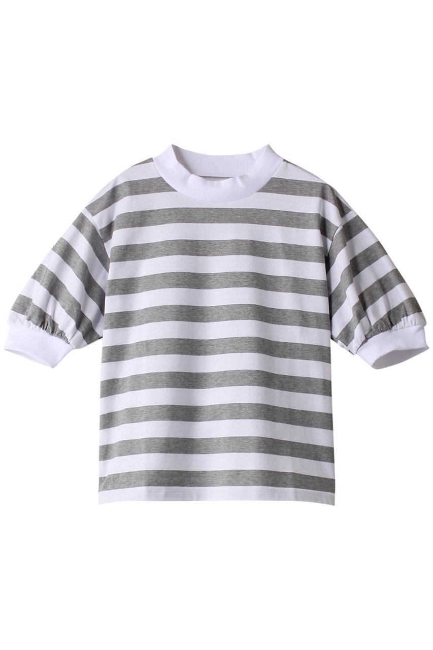 【スリー ドッツ/three dots】のビッグストライプ パフTシャツ インテリア・キッズ・メンズ・レディースファッション・服の通販 founy(ファニー) 　ファッション　Fashion　レディースファッション　Fashion for Women　トップス・カットソー　Cut & Sew Tops　シャツ・ブラウス・オフィスカジュアル　Elegant Blouses & Button-Ups　ロングTシャツ・Tシャツ　Longline T-Shirts & Tees　カットソー・ベーシックTシャツ　Cut-and-Sewn Tops / Stretch Tees & Basics　ショート　Short, Short Length　ストライプ　Stripe, Striped Pattern　スリーブ　Sleeve, Long Sleeve / Short Sleeve　ビッグ　Big, Oversized　モックネック　Mock Neck, Short Turtleneck　グレー×ホワイト|ID: prp329100004932260 ipo3291000000037019770