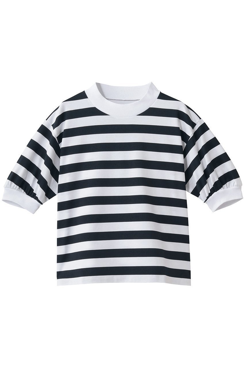 【スリー ドッツ/three dots】のビッグストライプ パフTシャツ インテリア・キッズ・メンズ・レディースファッション・服の通販 founy(ファニー) 　ファッション　Fashion　レディースファッション　Fashion for Women　トップス・カットソー　Cut & Sew Tops　シャツ・ブラウス・オフィスカジュアル　Elegant Blouses & Button-Ups　ロングTシャツ・Tシャツ　Longline T-Shirts & Tees　カットソー・ベーシックTシャツ　Cut-and-Sewn Tops / Stretch Tees & Basics　ショート　Short, Short Length　ストライプ　Stripe, Striped Pattern　スリーブ　Sleeve, Long Sleeve / Short Sleeve　ビッグ　Big, Oversized　モックネック　Mock Neck, Short Turtleneck　ホワイト×ネイビー|ID: prp329100004932260 ipo3291000000037019772