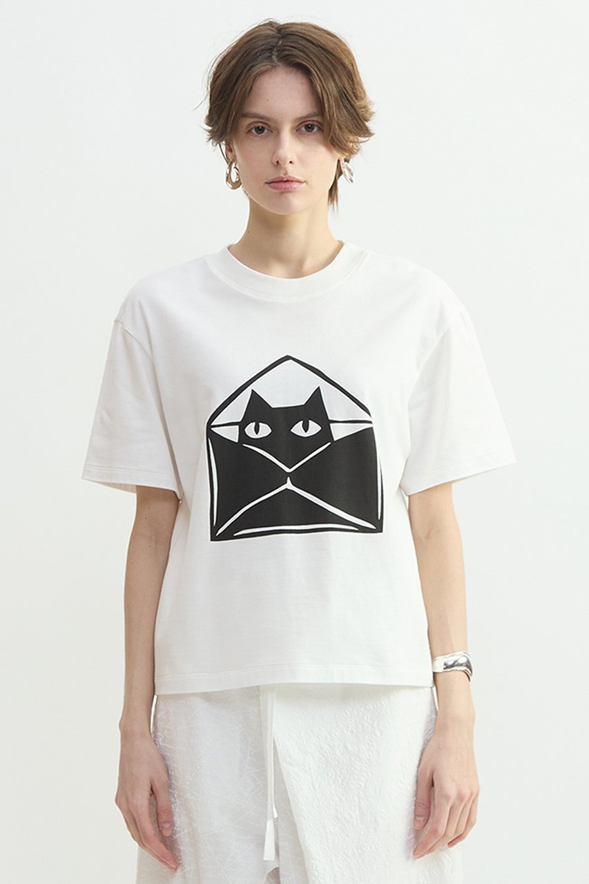 【プレインピープル/PLAIN PEOPLE】のキャットプリントTシャツ インテリア・キッズ・メンズ・レディースファッション・服の通販 founy(ファニー) 　ファッション　Fashion　レディースファッション　Fashion for Women　トップス・カットソー　Cut & Sew Tops　シャツ・ブラウス・オフィスカジュアル　Elegant Blouses & Button-Ups　ロングTシャツ・Tシャツ　Longline T-Shirts & Tees　カットソー・ベーシックTシャツ　Cut-and-Sewn Tops / Stretch Tees & Basics　クロップド　Cropped, Short Length　ショート　Short, Short Length　シンプル　Simple, Minimal　スリーブ　Sleeve, Long Sleeve / Short Sleeve　ドロップ　Drop Shoulder, Dropped Style　ベーシック　Basic, Essential　ボトム　Bottoms, Lower Wear　リラックス　Relax, Relaxed Fit　エレガント 上品　Elegant　再入荷　Restock / Back in Stock　ホワイト(封筒)|ID: prp329100004932275 ipo3291000000037019886