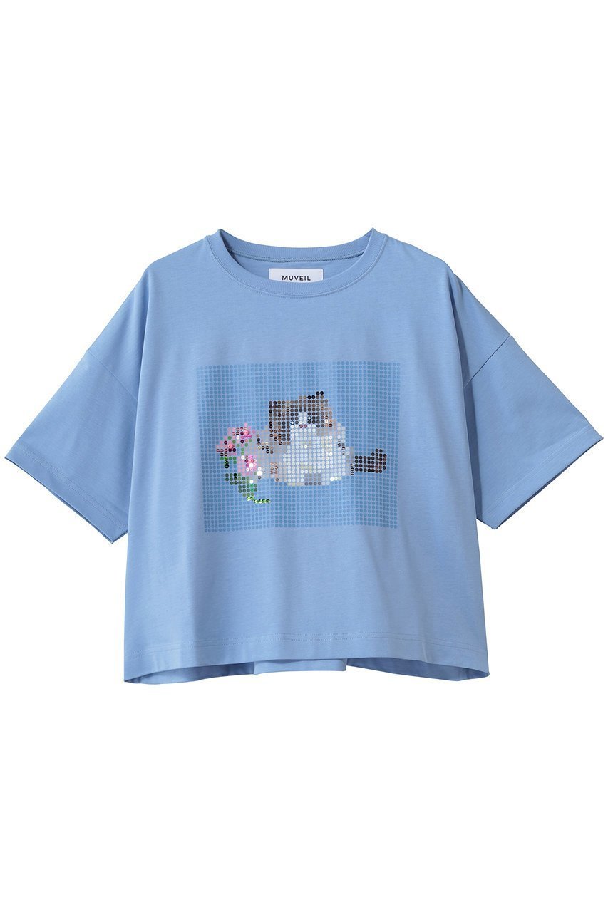 【ミュベール/MUVEIL】のキャットプリント刺しゅうTシャツ インテリア・キッズ・メンズ・レディースファッション・服の通販 founy(ファニー) 　ファッション　Fashion　レディースファッション　Fashion for Women　トップス・カットソー　Cut & Sew Tops　シャツ・ブラウス・オフィスカジュアル　Elegant Blouses & Button-Ups　ロングTシャツ・Tシャツ　Longline T-Shirts & Tees　カットソー・ベーシックTシャツ　Cut-and-Sewn Tops / Stretch Tees & Basics　グラフィック　Graphic, Graphic Design　ショート　Short, Short Length　スパンコール　Sequins, Sequin Embellishment　スリーブ　Sleeve, Long Sleeve / Short Sleeve　ドット　Polka Dot, Dot Pattern　バランス　Balance, Style Balance　プリント　Print, Printed Pattern　サックス|ID: prp329100004932285 ipo3291000000037019960