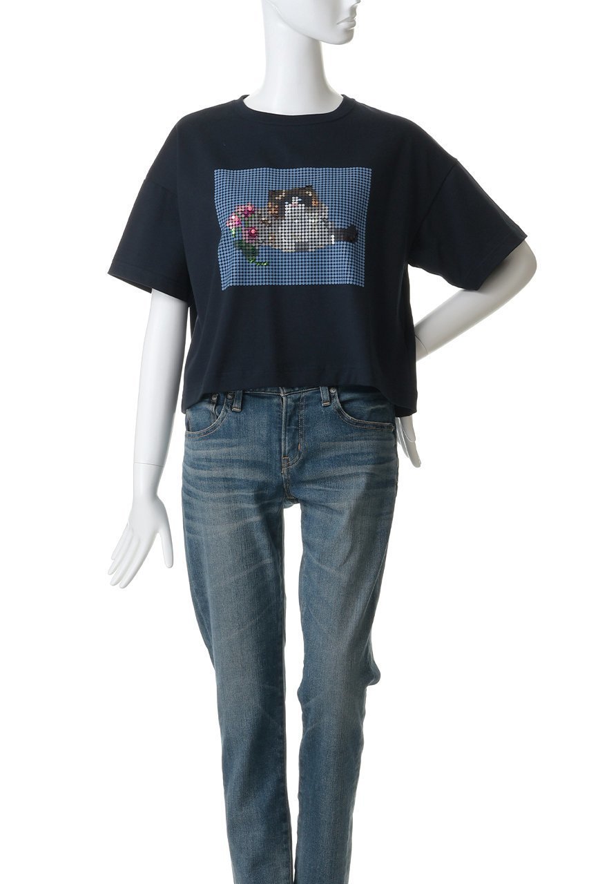 【ミュベール/MUVEIL】のキャットプリント刺しゅうTシャツ 人気、トレンドファッション・服の通販 founy(ファニー) 　ファッション　Fashion　レディースファッション　Fashion for Women　トップス・カットソー　Cut & Sew Tops　シャツ・ブラウス・オフィスカジュアル　Elegant Blouses & Button-Ups　ロングTシャツ・Tシャツ　Longline T-Shirts & Tees　カットソー・ベーシックTシャツ　Cut-and-Sewn Tops / Stretch Tees & Basics　グラフィック　Graphic, Graphic Design　ショート　Short, Short Length　スパンコール　Sequins, Sequin Embellishment　スリーブ　Sleeve, Long Sleeve / Short Sleeve　ドット　Polka Dot, Dot Pattern　バランス　Balance, Style Balance　プリント　Print, Printed Pattern　other-2|ID: prp329100004932285 ipo3291000000037019962