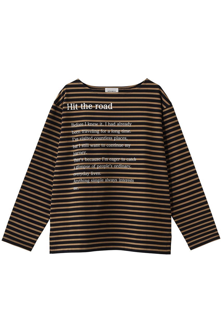 【アダワス/ADAWAS】のストライプ Tシャツ インテリア・キッズ・メンズ・レディースファッション・服の通販 founy(ファニー) 　ファッション　Fashion　レディースファッション　Fashion for Women　トップス・カットソー　Cut & Sew Tops　シャツ・ブラウス・オフィスカジュアル　Elegant Blouses & Button-Ups　ロングTシャツ・Tシャツ　Longline T-Shirts & Tees　カットソー・ベーシックTシャツ　Cut-and-Sewn Tops / Stretch Tees & Basics　シンプル　Simple, Minimal　ストライプ　Stripe, Striped Pattern　スリーブ　Sleeve, Long Sleeve / Short Sleeve　トレンド　Trend, Trending Now　フロント　Front, Front Design　プリント　Print, Printed Pattern　ボーダー　Border, Stripe　リラックス　Relax, Relaxed Fit　ロング　Long, Long-Length　ネイビー×キャメル|ID: prp329100004932346 ipo3291000000037020434