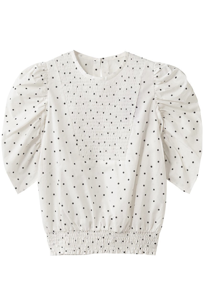 【ナナデコール/nanadecor】の【KO】ドットシャーリングブラウス インテリア・キッズ・メンズ・レディースファッション・服の通販 founy(ファニー) 　ファッション　Fashion　レディースファッション　Fashion for Women　トップス・カットソー　Cut & Sew Tops　シャツ・ブラウス・オフィスカジュアル　Elegant Blouses & Button-Ups　ロングTシャツ・Tシャツ　Longline T-Shirts & Tees　カットソー・ベーシックTシャツ　Cut-and-Sewn Tops / Stretch Tees & Basics　シャーリング　Shirring, Ruched　ショート　Short, Short Length　スラックス　Slacks, Dress Pants　スリーブ　Sleeve, Long Sleeve / Short Sleeve　デニム　Denim, Jeans Material　ドット　Polka Dot, Dot Pattern　ボトム　Bottoms, Lower Wear　リゾート　Resort, Vacation Style　ホワイト|ID: prp329100004932375 ipo3291000000037020703
