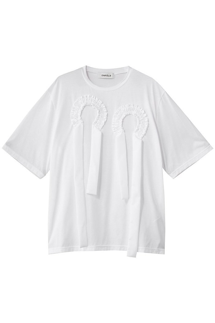 【エンフォルド/ENFOLD】のFRILL EMBLEM T-SHIRT インテリア・キッズ・メンズ・レディースファッション・服の通販 founy(ファニー) https://founy.com/ ファッション Fashion レディースファッション Fashion for Women トップス・カットソー Cut & Sew Tops シャツ・ブラウス・オフィスカジュアル Elegant Blouses & Button-Ups ロングTシャツ・Tシャツ Longline T-Shirts & Tees カットソー・ベーシックTシャツ Cut-and-Sewn Tops / Stretch Tees & Basics ギャザー Gathered, Ruffled ショート Short, Short Length シルケット Silket, Silky Cotton スリーブ Sleeve, Long Sleeve / Short Sleeve フロント Front, Front Design モチーフ Motif, Design Theme リボン Ribbon, Bow |ID: prp329100004932441 ipo3291000000037021270