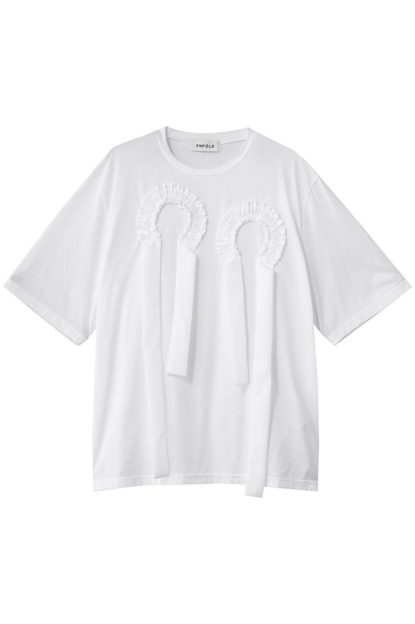 【エンフォルド/ENFOLD】のFRILL EMBLEM T-SHIRT インテリア・キッズ・メンズ・レディースファッション・服の通販 founy(ファニー) 　ファッション　Fashion　レディースファッション　Fashion for Women　トップス・カットソー　Cut & Sew Tops　シャツ・ブラウス・オフィスカジュアル　Elegant Blouses & Button-Ups　ロングTシャツ・Tシャツ　Longline T-Shirts & Tees　カットソー・ベーシックTシャツ　Cut-and-Sewn Tops / Stretch Tees & Basics　ギャザー　Gathered, Ruffled　ショート　Short, Short Length　シルケット　Silket, Silky Cotton　スリーブ　Sleeve, Long Sleeve / Short Sleeve　フロント　Front, Front Design　モチーフ　Motif, Design Theme　リボン　Ribbon, Bow　ホワイト|ID: prp329100004932441 ipo3291000000037021271