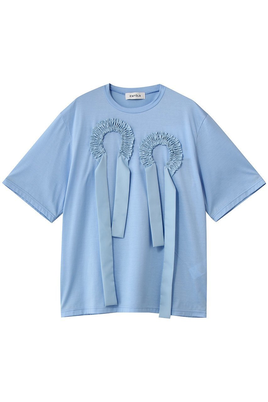 【エンフォルド/ENFOLD】のFRILL EMBLEM T-SHIRT インテリア・キッズ・メンズ・レディースファッション・服の通販 founy(ファニー) 　ファッション　Fashion　レディースファッション　Fashion for Women　トップス・カットソー　Cut & Sew Tops　シャツ・ブラウス・オフィスカジュアル　Elegant Blouses & Button-Ups　ロングTシャツ・Tシャツ　Longline T-Shirts & Tees　カットソー・ベーシックTシャツ　Cut-and-Sewn Tops / Stretch Tees & Basics　ギャザー　Gathered, Ruffled　ショート　Short, Short Length　シルケット　Silket, Silky Cotton　スリーブ　Sleeve, Long Sleeve / Short Sleeve　フロント　Front, Front Design　モチーフ　Motif, Design Theme　リボン　Ribbon, Bow　ライトブルー|ID: prp329100004932441 ipo3291000000037021273
