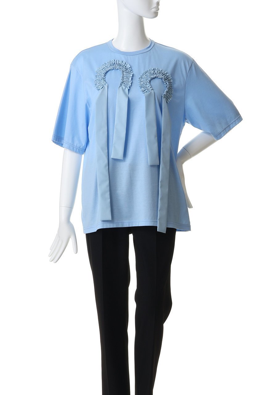 【エンフォルド/ENFOLD】のFRILL EMBLEM T-SHIRT 人気、トレンドファッション・服の通販 founy(ファニー) 　ファッション　Fashion　レディースファッション　Fashion for Women　トップス・カットソー　Cut & Sew Tops　シャツ・ブラウス・オフィスカジュアル　Elegant Blouses & Button-Ups　ロングTシャツ・Tシャツ　Longline T-Shirts & Tees　カットソー・ベーシックTシャツ　Cut-and-Sewn Tops / Stretch Tees & Basics　ギャザー　Gathered, Ruffled　ショート　Short, Short Length　シルケット　Silket, Silky Cotton　スリーブ　Sleeve, Long Sleeve / Short Sleeve　フロント　Front, Front Design　モチーフ　Motif, Design Theme　リボン　Ribbon, Bow　other-2|ID: prp329100004932441 ipo3291000000037021274