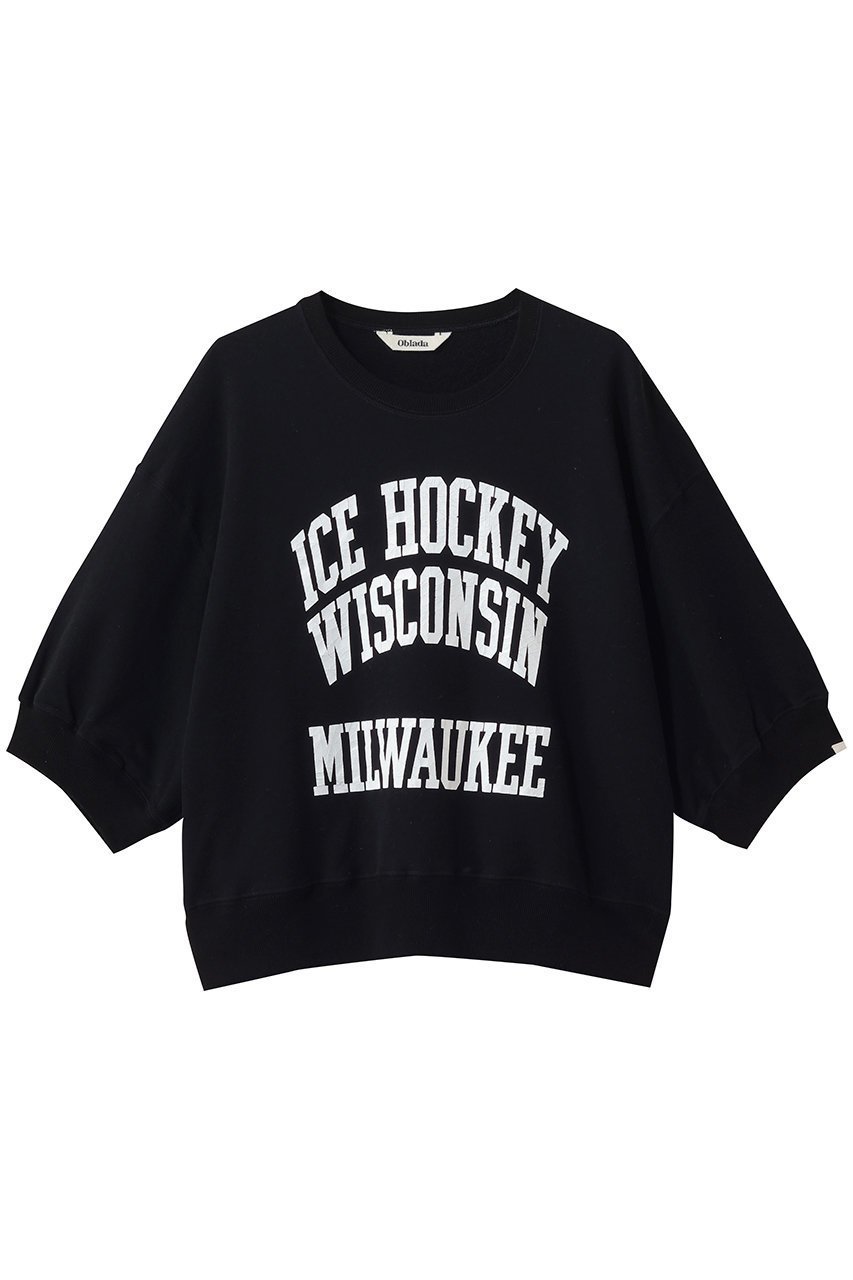 【オブラダ/Oblada】のHOCKEY ハーフスリーブスウェット インテリア・キッズ・メンズ・レディースファッション・服の通販 founy(ファニー) 　ファッション　Fashion　レディースファッション　Fashion for Women　トップス・カットソー　Cut & Sew Tops　シャツ・ブラウス・オフィスカジュアル　Elegant Blouses & Button-Ups　レディースパーカー・カジュアルフーディー　Casual Hoodies & Sweatshirts　ロングTシャツ・Tシャツ　Longline T-Shirts & Tees　スウェット・クルーネックトップス　Sweatshirts & Crewnecks / Relaxed Fit Sweat Tops　カットソー・ベーシックTシャツ　Cut-and-Sewn Tops / Stretch Tees & Basics　クロップド　Cropped, Short Length　コンパクト　Compact, Small Size　バランス　Balance, Style Balance　フロント　Front, Front Design　プリント　Print, Printed Pattern　ワイド　Wide, Wide Fit　ブラック|ID: prp329100004932458 ipo3291000000037021425