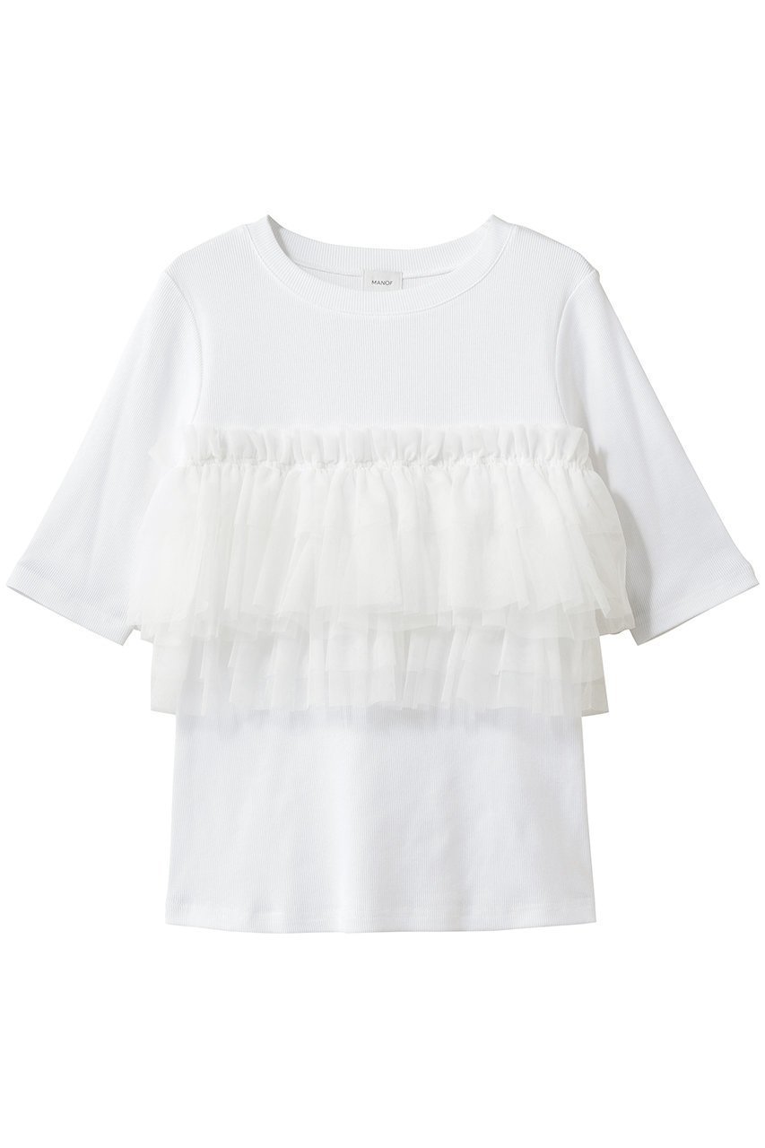 【マノフ/MANOF】のTULLE FRILL CUT TOPSトップス インテリア・キッズ・メンズ・レディースファッション・服の通販 founy(ファニー) 　ファッション　Fashion　レディースファッション　Fashion for Women　トップス・カットソー　Cut & Sew Tops　シャツ・ブラウス・オフィスカジュアル　Elegant Blouses & Button-Ups　ロングTシャツ・Tシャツ　Longline T-Shirts & Tees　カットソー・ベーシックTシャツ　Cut-and-Sewn Tops / Stretch Tees & Basics　エアリー　Airy Texture　カットソー　Cut and Sewn Top　ショート　Short, Short Length　スリーブ　Sleeve, Long Sleeve / Short Sleeve　ダウン　Down, Puffer　チュール　Tulip, Tulip Motif　デニム　Denim, Jeans Material　ビスチェ　Bustier, Corset Top　フェミニン　Feminine, Girly　フリル　Frill, Ruffle　エレガント 上品　Elegant　WHITE|ID: prp329100004932495 ipo3291000000037021715
