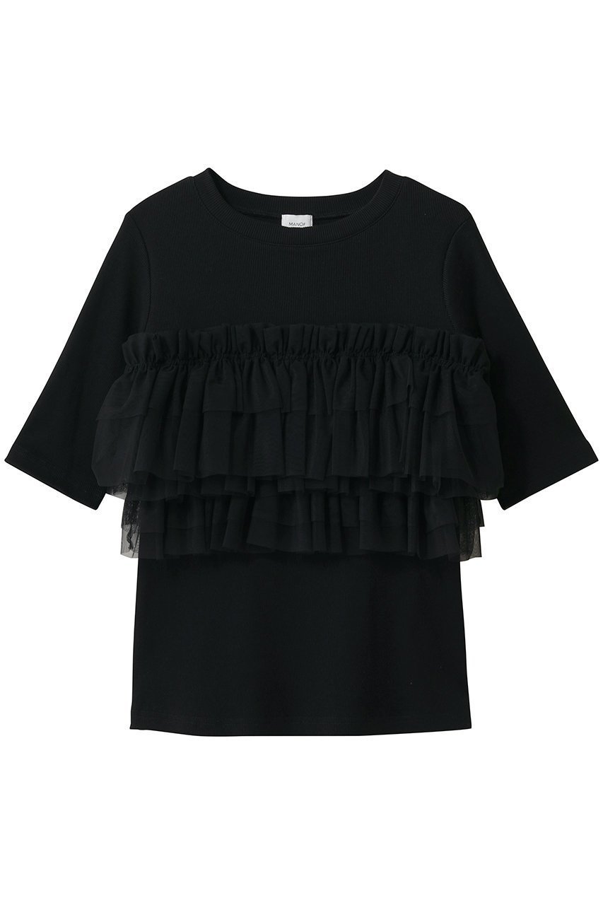 【マノフ/MANOF】のTULLE FRILL CUT TOPSトップス インテリア・キッズ・メンズ・レディースファッション・服の通販 founy(ファニー) 　ファッション　Fashion　レディースファッション　Fashion for Women　トップス・カットソー　Cut & Sew Tops　シャツ・ブラウス・オフィスカジュアル　Elegant Blouses & Button-Ups　ロングTシャツ・Tシャツ　Longline T-Shirts & Tees　カットソー・ベーシックTシャツ　Cut-and-Sewn Tops / Stretch Tees & Basics　エアリー　Airy Texture　カットソー　Cut and Sewn Top　ショート　Short, Short Length　スリーブ　Sleeve, Long Sleeve / Short Sleeve　ダウン　Down, Puffer　チュール　Tulip, Tulip Motif　デニム　Denim, Jeans Material　ビスチェ　Bustier, Corset Top　フェミニン　Feminine, Girly　フリル　Frill, Ruffle　エレガント 上品　Elegant　BLACK|ID: prp329100004932495 ipo3291000000037021716