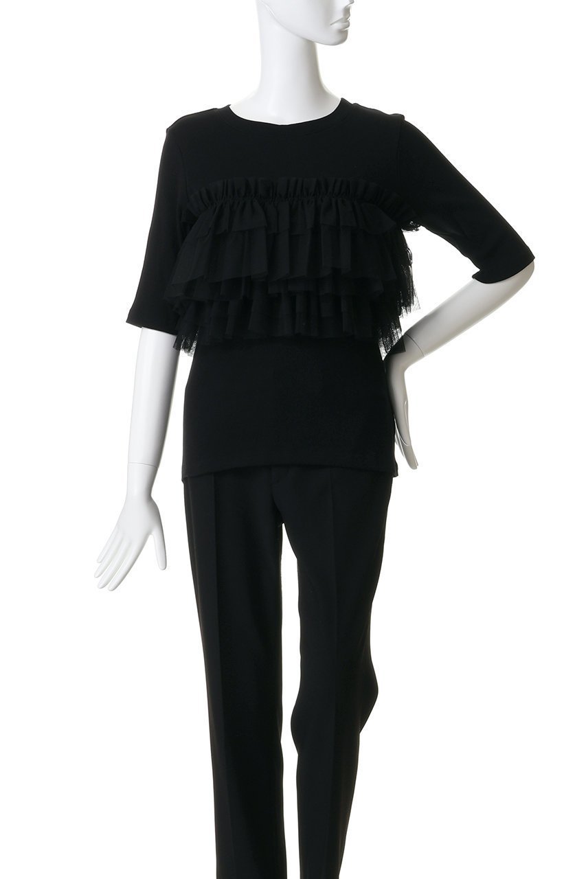 【マノフ/MANOF】のTULLE FRILL CUT TOPSトップス 人気、トレンドファッション・服の通販 founy(ファニー) 　ファッション　Fashion　レディースファッション　Fashion for Women　トップス・カットソー　Cut & Sew Tops　シャツ・ブラウス・オフィスカジュアル　Elegant Blouses & Button-Ups　ロングTシャツ・Tシャツ　Longline T-Shirts & Tees　カットソー・ベーシックTシャツ　Cut-and-Sewn Tops / Stretch Tees & Basics　エアリー　Airy Texture　カットソー　Cut and Sewn Top　ショート　Short, Short Length　スリーブ　Sleeve, Long Sleeve / Short Sleeve　ダウン　Down, Puffer　チュール　Tulip, Tulip Motif　デニム　Denim, Jeans Material　ビスチェ　Bustier, Corset Top　フェミニン　Feminine, Girly　フリル　Frill, Ruffle　エレガント 上品　Elegant　other-2|ID: prp329100004932495 ipo3291000000037021717