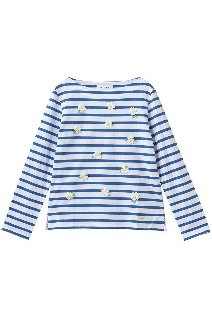 【ミュベール/MUVEIL】のエーデルワイスボーダーカットソー インテリア・キッズ・メンズ・レディースファッション・服の通販 founy(ファニー) 　ファッション　Fashion　レディースファッション　Fashion for Women　トップス・カットソー　Cut & Sew Tops　シャツ・ブラウス・オフィスカジュアル　Elegant Blouses & Button-Ups　ロングTシャツ・Tシャツ　Longline T-Shirts & Tees　カットソー・ベーシックTシャツ　Cut-and-Sewn Tops / Stretch Tees & Basics　カットソー　Cut and Sewn Top　スリーブ　Sleeve, Long Sleeve / Short Sleeve　ネオン　Neon, Neon Color　ボーダー　Border, Stripe　モチーフ　Motif, Design Theme　ロング　Long, Long-Length　エレガント 上品　Elegant　ブルー|ID: prp329100004932514 ipo3291000000037021912