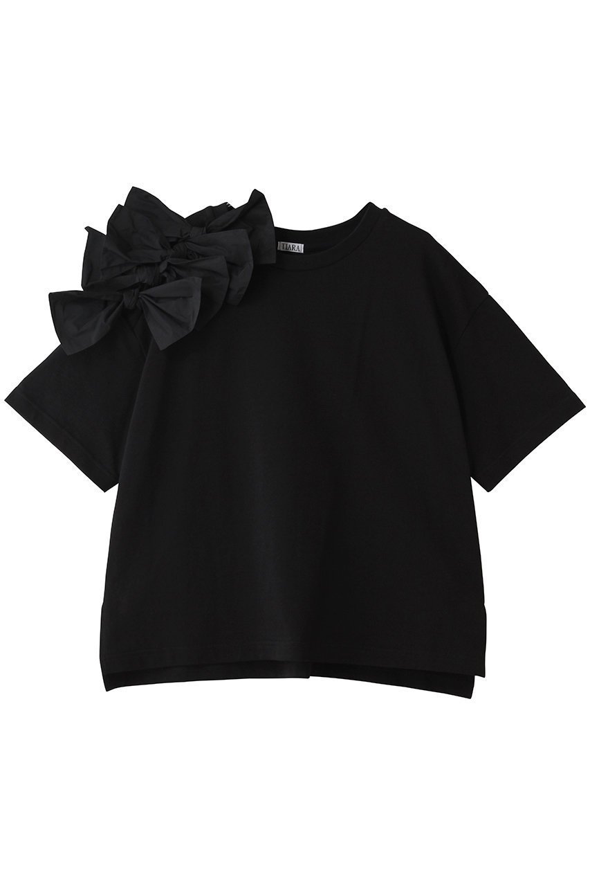 【ティアラ/Tiara】のショルダーリボンTシャツ インテリア・キッズ・メンズ・レディースファッション・服の通販 founy(ファニー) 　ファッション　Fashion　レディースファッション　Fashion for Women　トップス・カットソー　Cut & Sew Tops　シャツ・ブラウス・オフィスカジュアル　Elegant Blouses & Button-Ups　ロングTシャツ・Tシャツ　Longline T-Shirts & Tees　カットソー・ベーシックTシャツ　Cut-and-Sewn Tops / Stretch Tees & Basics　カットソー　Cut and Sewn Top　ショルダー　Shoulder, Shoulder Strap　ショート　Short, Short Length　スリーブ　Sleeve, Long Sleeve / Short Sleeve　タフタ　Taffeta, Structured Fabric　リボン　Ribbon, Bow　再入荷　Restock / Back in Stock　ブラック|ID: prp329100004932738 ipo3291000000037024061