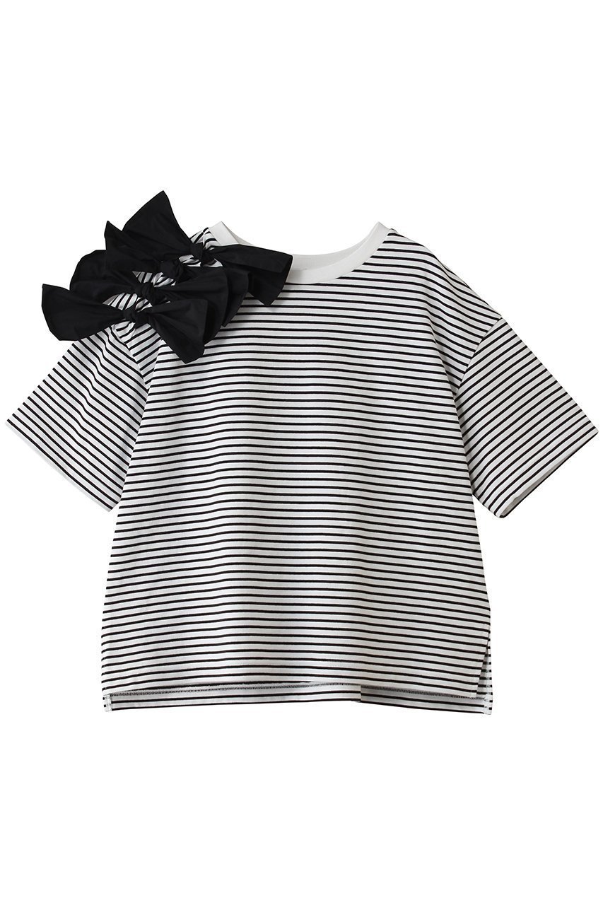【ティアラ/Tiara】のショルダーリボンTシャツ インテリア・キッズ・メンズ・レディースファッション・服の通販 founy(ファニー) 　ファッション　Fashion　レディースファッション　Fashion for Women　トップス・カットソー　Cut & Sew Tops　シャツ・ブラウス・オフィスカジュアル　Elegant Blouses & Button-Ups　ロングTシャツ・Tシャツ　Longline T-Shirts & Tees　カットソー・ベーシックTシャツ　Cut-and-Sewn Tops / Stretch Tees & Basics　カットソー　Cut and Sewn Top　ショルダー　Shoulder, Shoulder Strap　ショート　Short, Short Length　スリーブ　Sleeve, Long Sleeve / Short Sleeve　タフタ　Taffeta, Structured Fabric　リボン　Ribbon, Bow　再入荷　Restock / Back in Stock　ホワイト×ブラック|ID: prp329100004932738 ipo3291000000037024063