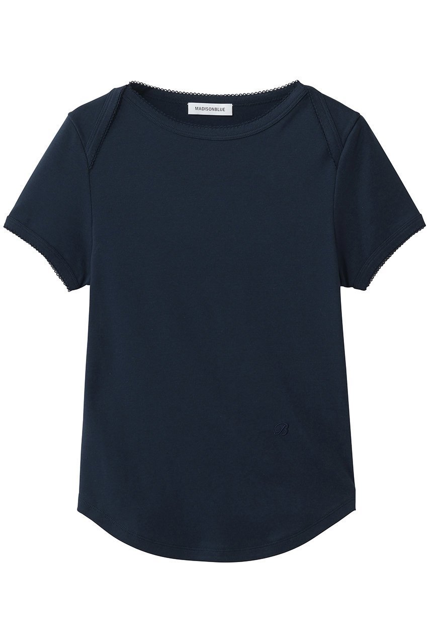 【マディソンブルー/MADISONBLUE】のEMBROIDERED TRIM BOAT NECK TEE S/COTTON ボートネックTシャツ インテリア・キッズ・メンズ・レディースファッション・服の通販 founy(ファニー) 　ファッション　Fashion　レディースファッション　Fashion for Women　トップス・カットソー　Cut & Sew Tops　シャツ・ブラウス・オフィスカジュアル　Elegant Blouses & Button-Ups　ロングTシャツ・Tシャツ　Longline T-Shirts & Tees　カットソー・ベーシックTシャツ　Cut-and-Sewn Tops / Stretch Tees & Basics　おすすめ　Recommended / Our Picks　ショート　Short, Short Length　スリーブ　Sleeve, Long Sleeve / Short Sleeve　フレア　Flare, Flared　ボトム　Bottoms, Lower Wear　モチーフ　Motif, Design Theme　エレガント 上品　Elegant　再入荷　Restock / Back in Stock　半袖　Short Sleeve, Half Sleeve　ネイビー|ID: prp329100004932815 ipo3291000000037024927