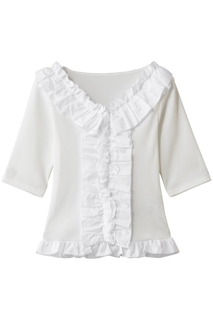【マノフ/MANOF】のFRILL NECK RIB TOPS インテリア・キッズ・メンズ・レディースファッション・服の通販 founy(ファウニー) https://founy.com/ ファッション Fashion レディースファッション Fashion for Women トップス・カットソー Cut & Sew Tops シャツ・ブラウス・オフィスカジュアル Elegant Blouses & Button-Ups ロングTシャツ・Tシャツ Longline T-Shirts & Tees カットソー・ベーシックTシャツ Cut-and-Sewn Tops / Stretch Tees & Basics エレガント 上品 Elegant ショート Short, Short Length シンプル Simple, Minimal スリーブ Sleeve, Long Sleeve / Short Sleeve ハーフ Half, Half-Length フェミニン Feminine, Girly フリル Frill, Ruffle |ID: prp329100004932889 ipo3291000000037025570