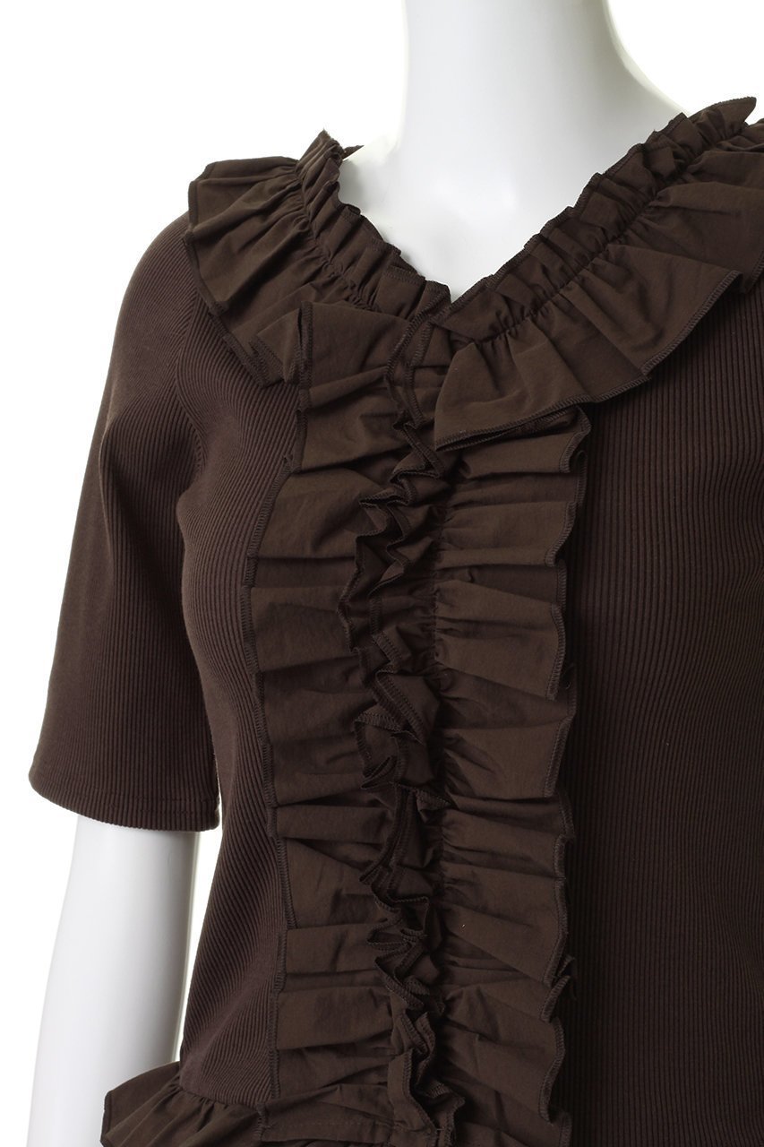 【マノフ/MANOF】のFRILL NECK RIB TOPS 人気、トレンドファッション・服の通販 founy(ファニー) 　ファッション　Fashion　レディースファッション　Fashion for Women　トップス・カットソー　Cut & Sew Tops　シャツ・ブラウス・オフィスカジュアル　Elegant Blouses & Button-Ups　ロングTシャツ・Tシャツ　Longline T-Shirts & Tees　カットソー・ベーシックTシャツ　Cut-and-Sewn Tops / Stretch Tees & Basics　エレガント 上品　Elegant　ショート　Short, Short Length　シンプル　Simple, Minimal　スリーブ　Sleeve, Long Sleeve / Short Sleeve　ハーフ　Half, Half-Length　フェミニン　Feminine, Girly　フリル　Frill, Ruffle　新作・新入荷　New Arrivals / New In　other-5|ID: prp329100004932889 ipo3291000000037025576