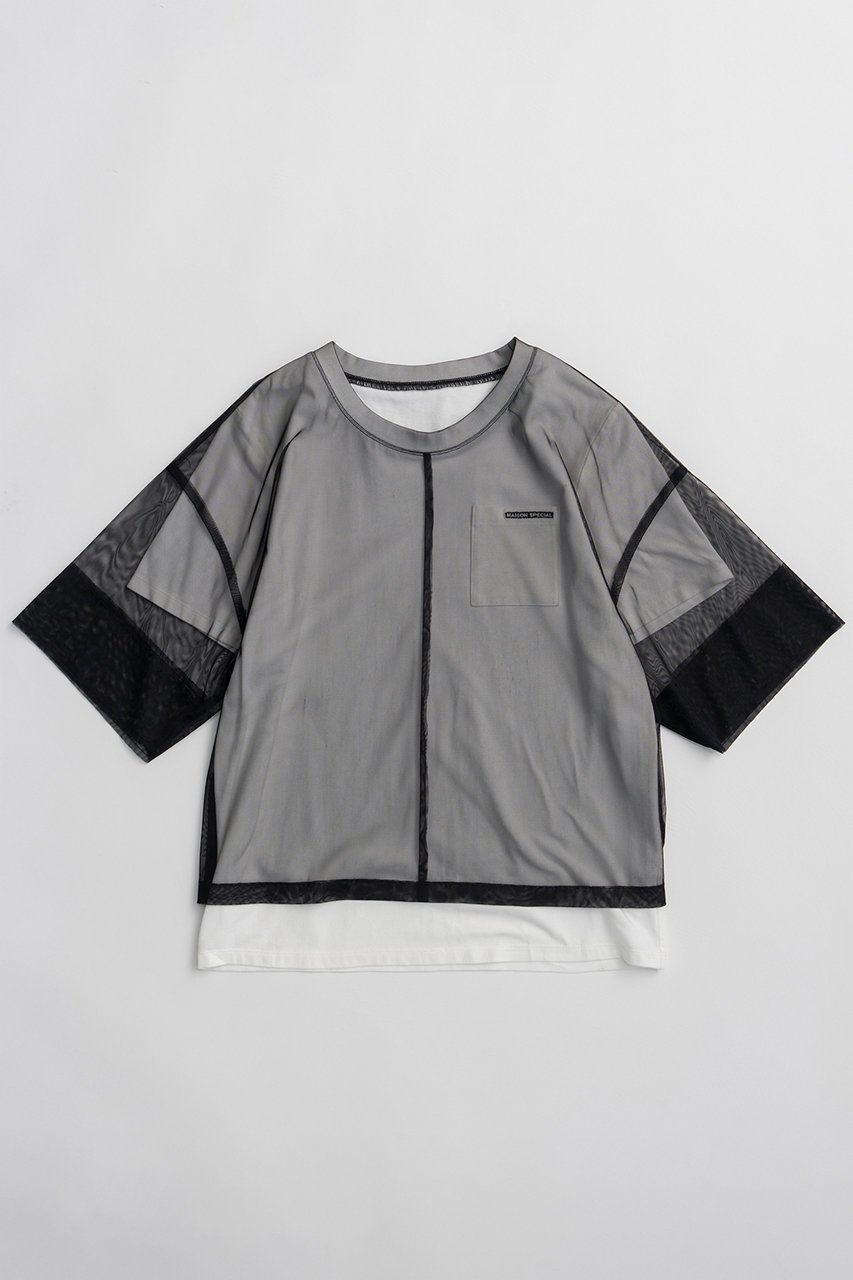 【メゾンスペシャル/MAISON SPECIAL】のSheer Layered T-Shirt/シアーレイヤードTシャツ インテリア・キッズ・メンズ・レディースファッション・服の通販 founy(ファニー) 　ファッション　Fashion　レディースファッション　Fashion for Women　トップス・カットソー　Cut & Sew Tops　シャツ・ブラウス・オフィスカジュアル　Elegant Blouses & Button-Ups　ロングTシャツ・Tシャツ　Longline T-Shirts & Tees　カットソー・ベーシックTシャツ　Cut-and-Sewn Tops / Stretch Tees & Basics　カットソー　Cut and Sewn Top　ショート　Short, Short Length　スリーブ　Sleeve, Long Sleeve / Short Sleeve　チュール　Tulip, Tulip Motif　ドッキング　Docking, Mixed Material　ポケット　Pocket, Pocket Detail　新作・新入荷　New Arrivals / New In　BLK(ブラック)|ID: prp329100004932895 ipo3291000000037025618