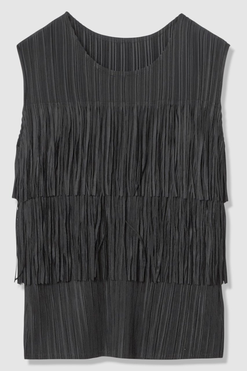 【アルアバイル/allureville】のプリーツフリンジプルオーバー インテリア・キッズ・メンズ・レディースファッション・服の通販 founy(ファニー) 　ファッション　Fashion　レディースファッション　Fashion for Women　トップス・カットソー　Cut & Sew Tops　キャミソール&ノースリーブ　Camisoles & Sleeveless Tops　シャツ・ブラウス・オフィスカジュアル　Elegant Blouses & Button-Ups　ロングTシャツ・Tシャツ　Longline T-Shirts & Tees　カジュアルプルオーバー・ニットトップス　Pullovers & Knit Tops / Casual Pullovers　カットソー・ベーシックTシャツ　Cut-and-Sewn Tops / Stretch Tees & Basics　キャミソール　Camisole, Spaghetti Strap Top　シンプル　Simple, Minimal　タンク　Tank Top, Sleeveless Top　バランス　Balance, Style Balance　フリンジ　Fringe, Tassel　プリーツ　Pleats, Pleated　ランダム　Random, Irregular　ブラック|ID: prp329100004933047 ipo3291000000037026768