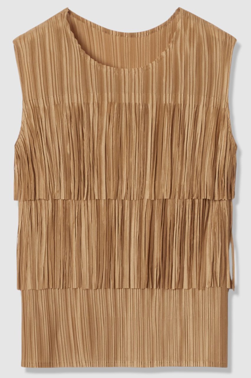 【アルアバイル/allureville】のプリーツフリンジプルオーバー インテリア・キッズ・メンズ・レディースファッション・服の通販 founy(ファニー) 　ファッション　Fashion　レディースファッション　Fashion for Women　トップス・カットソー　Cut & Sew Tops　キャミソール&ノースリーブ　Camisoles & Sleeveless Tops　シャツ・ブラウス・オフィスカジュアル　Elegant Blouses & Button-Ups　ロングTシャツ・Tシャツ　Longline T-Shirts & Tees　カジュアルプルオーバー・ニットトップス　Pullovers & Knit Tops / Casual Pullovers　カットソー・ベーシックTシャツ　Cut-and-Sewn Tops / Stretch Tees & Basics　キャミソール　Camisole, Spaghetti Strap Top　シンプル　Simple, Minimal　タンク　Tank Top, Sleeveless Top　バランス　Balance, Style Balance　フリンジ　Fringe, Tassel　プリーツ　Pleats, Pleated　ランダム　Random, Irregular　タン|ID: prp329100004933047 ipo3291000000037026770