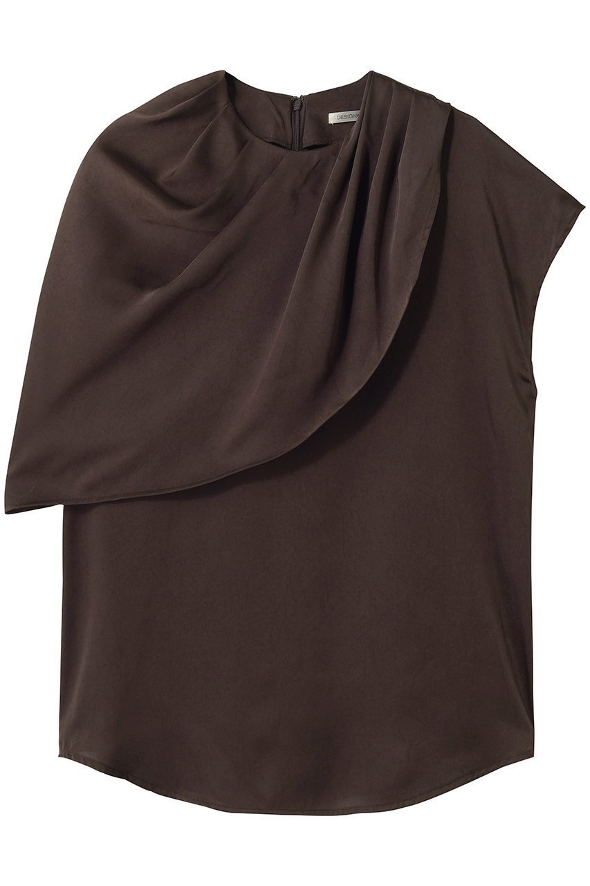 【デザイン ワークス/DESIGN WORKS】の【セットアップ対応】サテンアシンメトリーケープブラウス インテリア・キッズ・メンズ・レディースファッション・服の通販 founy(ファニー) 　ファッション　Fashion　レディースファッション　Fashion for Women　トップス・カットソー　Cut & Sew Tops　シャツ・ブラウス・オフィスカジュアル　Elegant Blouses & Button-Ups　アシンメトリー　Asymmetrical Style　サテン　Satin, Glossy Fabric　ショート　Short, Short Length　スリーブ　Sleeve, Long Sleeve / Short Sleeve　セットアップ　Set-Up, Coordinated Outfit　フレア　Flare, Flared　ボトム　Bottoms, Lower Wear　エレガント 上品　Elegant　新作・新入荷　New Arrivals / New In　ブラウン|ID: prp329100004933146 ipo3291000000037027407