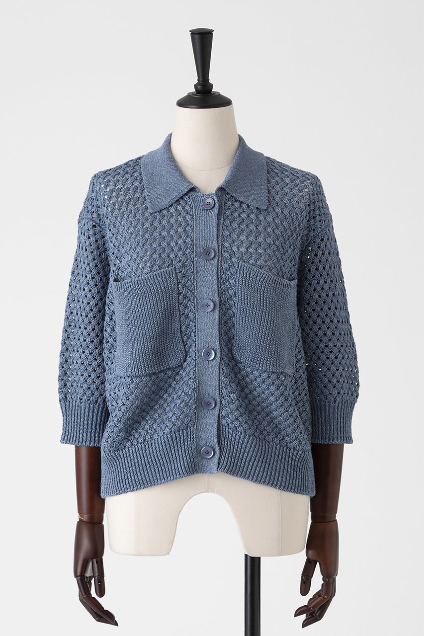【オーヴィル/EAUVIRE】のリネンポロカーディガン インテリア・キッズ・メンズ・レディースファッション・服の通販 founy(ファニー) 　ファッション　Fashion　レディースファッション　Fashion for Women　トップス・カットソー　Cut & Sew Tops　ニット　Knit Tops & Sweaters　カーディガン・羽織り　Layered Style Cardigans　おすすめ　Recommended / Our Picks　イタリア　Italy　カーディガン　Cardigan, Knitwear　デニム　Denim, Jeans Material　バスケット　Basket, Basket Bag　ポケット　Pocket, Pocket Detail　リネン　Linen, Linen Fabric　夏　Summer　新作・新入荷　New Arrivals / New In　羽織　Haori, Light Jacket　透かし　Cut-Out, Lacework　ブルー|ID: prp329100004933180 ipo3291000000037027627