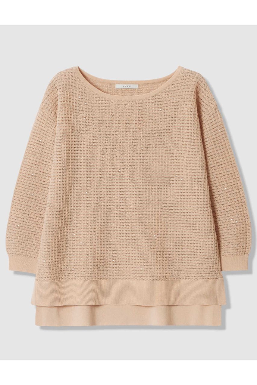 【アナイ/ANAYI】のトラフォラートミドル丈 プルオーバー インテリア・キッズ・メンズ・レディースファッション・服の通販 founy(ファニー) 　ファッション　Fashion　レディースファッション　Fashion for Women　トップス・カットソー　Cut & Sew Tops　ニット　Knit Tops & Sweaters　カジュアルプルオーバー・ニットトップス　Pullovers & Knit Tops / Casual Pullovers　イタリア　Italy　シンプル　Simple, Minimal　スパンコール　Sequins, Sequin Embellishment　スリット　Slit, Slit Detail　フェミニン　Feminine, Girly　フロント　Front, Front Design　ミドル　Middle Length, Mid Height　リラックス　Relax, Relaxed Fit　エレガント 上品　Elegant　新作・新入荷　New Arrivals / New In　透かし　Cut-Out, Lacework　ベージュ|ID: prp329100004933182 ipo3291000000037027644