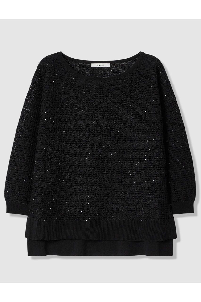 【アナイ/ANAYI】のトラフォラートミドル丈 プルオーバー インテリア・キッズ・メンズ・レディースファッション・服の通販 founy(ファニー) 　ファッション　Fashion　レディースファッション　Fashion for Women　トップス・カットソー　Cut & Sew Tops　ニット　Knit Tops & Sweaters　カジュアルプルオーバー・ニットトップス　Pullovers & Knit Tops / Casual Pullovers　イタリア　Italy　シンプル　Simple, Minimal　スパンコール　Sequins, Sequin Embellishment　スリット　Slit, Slit Detail　フェミニン　Feminine, Girly　フロント　Front, Front Design　ミドル　Middle Length, Mid Height　リラックス　Relax, Relaxed Fit　エレガント 上品　Elegant　新作・新入荷　New Arrivals / New In　透かし　Cut-Out, Lacework　ブラック|ID: prp329100004933182 ipo3291000000037027645