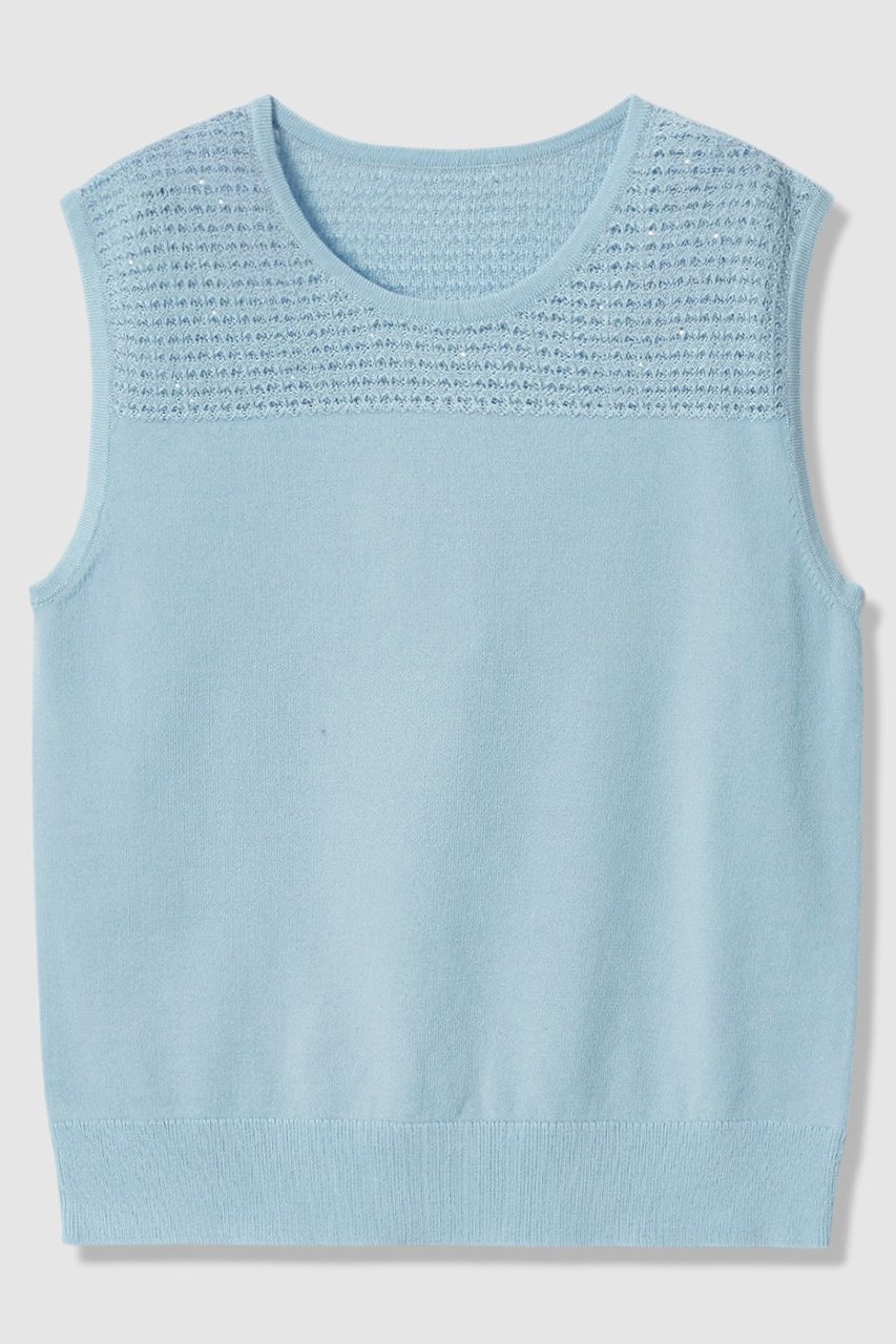 【アナイ/ANAYI】の【セットアップ対応商品】トラフォラートノースリーブ インテリア・キッズ・メンズ・レディースファッション・服の通販 founy(ファニー) 　ファッション　Fashion　レディースファッション　Fashion for Women　トップス・カットソー　Cut & Sew Tops　ニット　Knit Tops & Sweaters　キャミソール&ノースリーブ　Camisoles & Sleeveless Tops　カジュアルプルオーバー・ニットトップス　Pullovers & Knit Tops / Casual Pullovers　アンサンブル　Ensemble Set　イタリア　Italy　カーディガン　Cardigan, Knitwear　シンプル　Simple, Minimal　スパンコール　Sequins, Sequin Embellishment　セットアップ　Set-Up, Coordinated Outfit　透かし　Cut-Out, Lacework　デコルテ　Décolleté, Neckline　半袖　Short Sleeve, Half Sleeve　おすすめ　Recommended / Our Picks　エレガント 上品　Elegant　新作・新入荷　New Arrivals / New In　ブルー|ID: prp329100004933185 ipo3291000000037027664