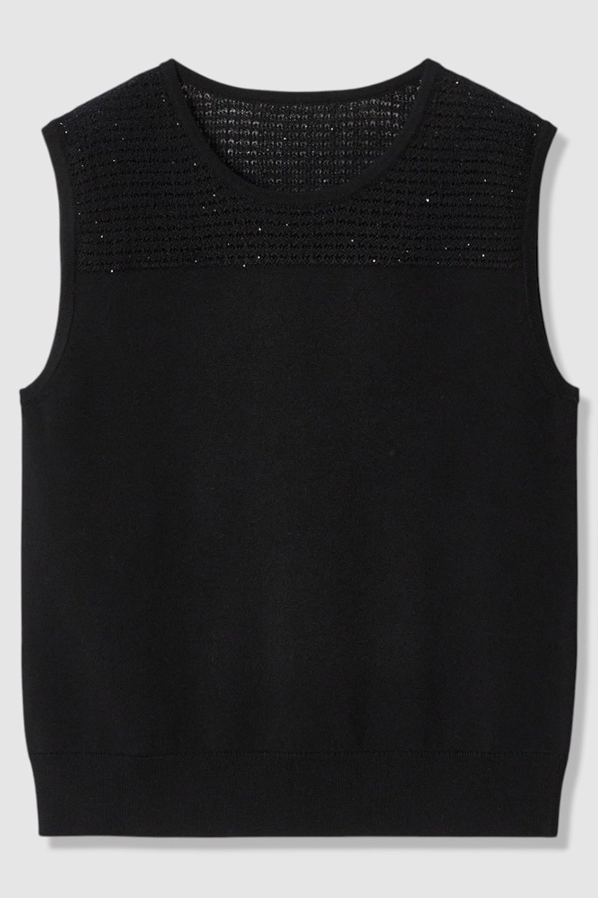 【アナイ/ANAYI】の【セットアップ対応商品】トラフォラートノースリーブ インテリア・キッズ・メンズ・レディースファッション・服の通販 founy(ファニー) 　ファッション　Fashion　レディースファッション　Fashion for Women　トップス・カットソー　Cut & Sew Tops　ニット　Knit Tops & Sweaters　キャミソール&ノースリーブ　Camisoles & Sleeveless Tops　カジュアルプルオーバー・ニットトップス　Pullovers & Knit Tops / Casual Pullovers　アンサンブル　Ensemble Set　イタリア　Italy　カーディガン　Cardigan, Knitwear　シンプル　Simple, Minimal　スパンコール　Sequins, Sequin Embellishment　セットアップ　Set-Up, Coordinated Outfit　透かし　Cut-Out, Lacework　デコルテ　Décolleté, Neckline　半袖　Short Sleeve, Half Sleeve　おすすめ　Recommended / Our Picks　エレガント 上品　Elegant　新作・新入荷　New Arrivals / New In　ブラック|ID: prp329100004933185 ipo3291000000037027665