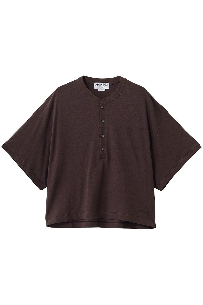 【アメリカーナ/Americana】のヘンリーネックワイドTシャツ インテリア・キッズ・メンズ・レディースファッション・服の通販 founy(ファニー) 　ファッション　Fashion　レディースファッション　Fashion for Women　トップス・カットソー　Cut & Sew Tops　シャツ・ブラウス・オフィスカジュアル　Elegant Blouses & Button-Ups　ロングTシャツ・Tシャツ　Longline T-Shirts & Tees　カットソー・ベーシックTシャツ　Cut-and-Sewn Tops / Stretch Tees & Basics　カットソー　Cut and Sewn Top　ショート　Short, Short Length　スラックス　Slacks, Dress Pants　スリーブ　Sleeve, Long Sleeve / Short Sleeve　センター　Center, Center Line　デニム　Denim, Jeans Material　フォルム　Silhouette, Form　ルーズ　Loose, Oversized　ワイド　Wide, Wide Fit　定番　Standard, Basic Item　新作・新入荷　New Arrivals / New In　ブラウン|ID: prp329100004935548 ipo3291000000037037878