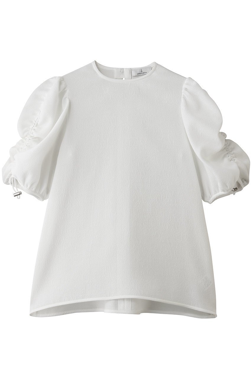 【ジェイドット/j.】のジャカード織 袖シャーリングブラウス インテリア・キッズ・メンズ・レディースファッション・服の通販 founy(ファニー) 　ファッション　Fashion　レディースファッション　Fashion for Women　トップス・カットソー　Cut & Sew Tops　シャツ・ブラウス・オフィスカジュアル　Elegant Blouses & Button-Ups　シャーリング　Shirring, Ruched　ショート　Short, Short Length　ジャカード／ジャガード　Jacquard, Woven Pattern　スリーブ　Sleeve, Long Sleeve / Short Sleeve　フェミニン　Feminine, Girly　新作・新入荷　New Arrivals / New In　ホワイト|ID: prp329100004935559 ipo3291000000037037969