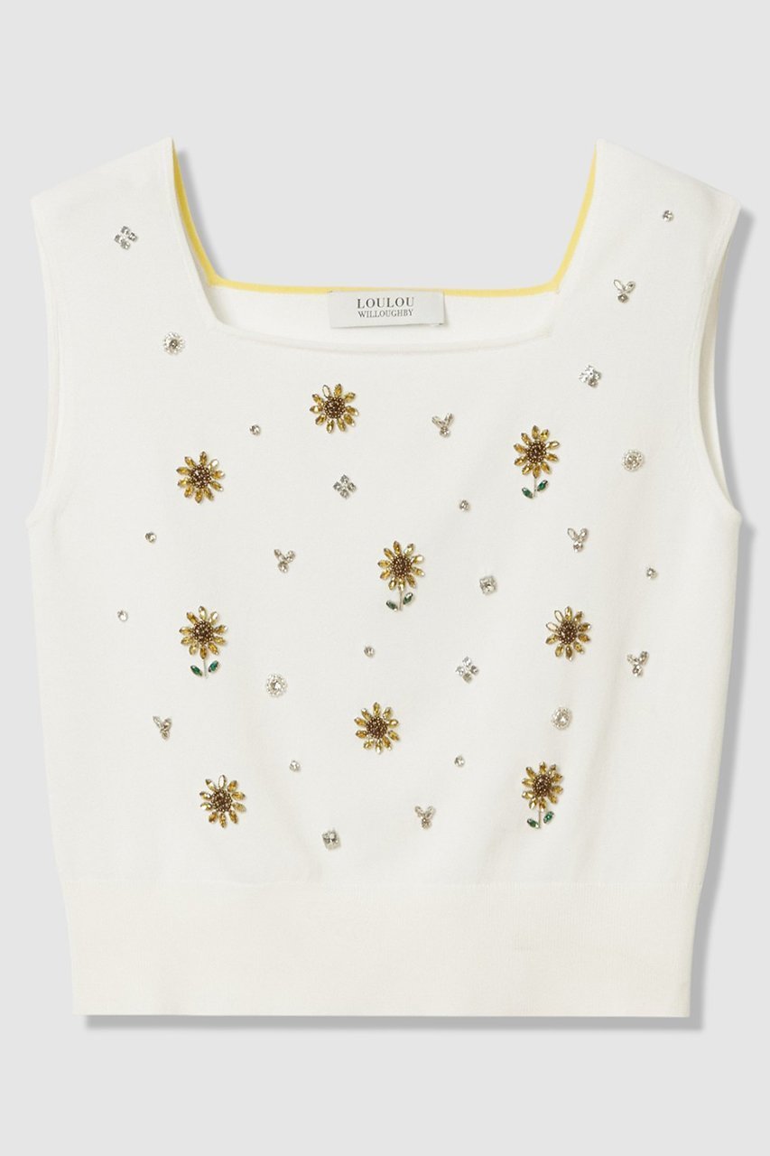 【アルアバイル/allureville】の〈WEB 一部店舗限定〉【LOULOU WILLOUGHBY】サンフラワービジュータンクトップ 人気、トレンドファッション・服の通販 founy(ファニー) 　ファッション　Fashion　レディースファッション　Fashion for Women　トップス・カットソー　Cut & Sew Tops　ニット　Knit Tops & Sweaters　カジュアルプルオーバー・ニットトップス　Pullovers & Knit Tops / Casual Pullovers　アンサンブル　Ensemble Set　インナー　Innerwear　カーディガン　Cardigan, Knitwear　ジャケット　Jacket, Outerwear　スクエア　Square, Square Shape　タンク　Tank Top, Sleeveless Top　ツイスト　Tweed, Tweed Fabric　ビジュー　Bijou, Jewel-like Accent　モチーフ　Motif, Design Theme　新作・新入荷　New Arrivals / New In　 other-1|ID: prp329100004935571 ipo3291000000037038083