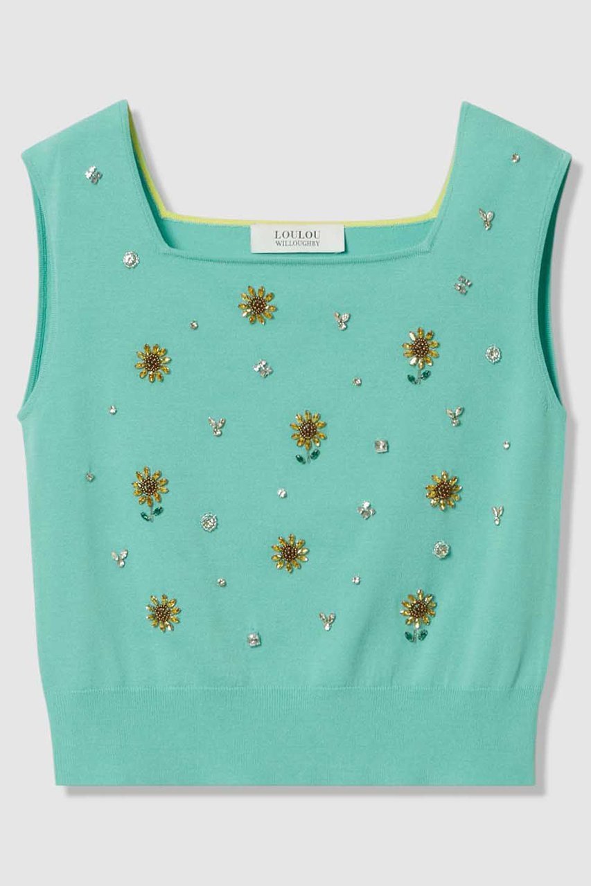 【アルアバイル/allureville】の〈WEB 一部店舗限定〉【LOULOU WILLOUGHBY】サンフラワービジュータンクトップ インテリア・キッズ・メンズ・レディースファッション・服の通販 founy(ファニー) 　ファッション　Fashion　レディースファッション　Fashion for Women　トップス・カットソー　Cut & Sew Tops　ニット　Knit Tops & Sweaters　カジュアルプルオーバー・ニットトップス　Pullovers & Knit Tops / Casual Pullovers　アンサンブル　Ensemble Set　インナー　Innerwear　カーディガン　Cardigan, Knitwear　ジャケット　Jacket, Outerwear　スクエア　Square, Square Shape　タンク　Tank Top, Sleeveless Top　ツイスト　Tweed, Tweed Fabric　ビジュー　Bijou, Jewel-like Accent　モチーフ　Motif, Design Theme　新作・新入荷　New Arrivals / New In　ターコイズ|ID: prp329100004935571 ipo3291000000037038085