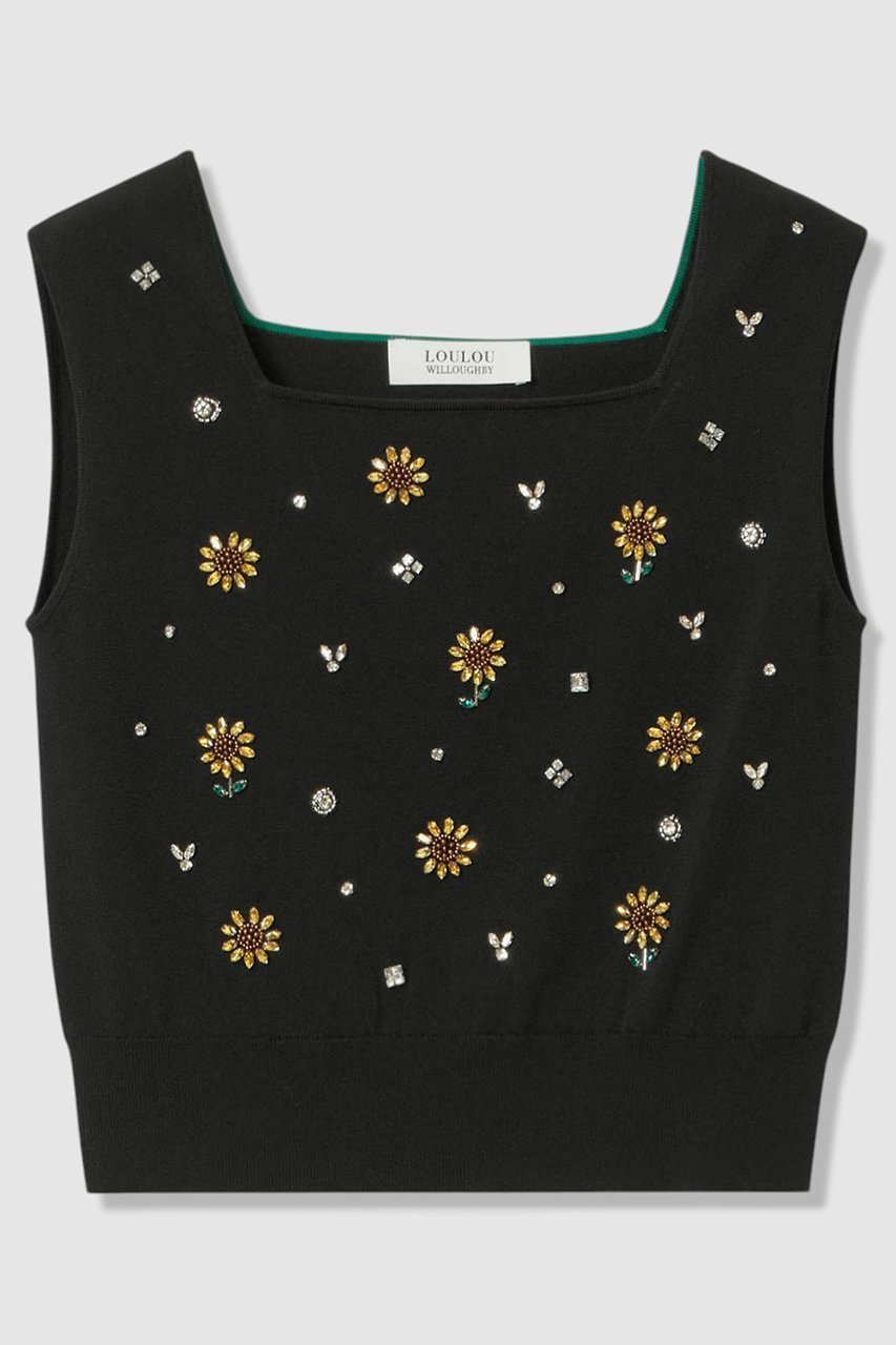 【アルアバイル/allureville】の〈WEB 一部店舗限定〉【LOULOU WILLOUGHBY】サンフラワービジュータンクトップ インテリア・キッズ・メンズ・レディースファッション・服の通販 founy(ファニー) 　ファッション　Fashion　レディースファッション　Fashion for Women　トップス・カットソー　Cut & Sew Tops　ニット　Knit Tops & Sweaters　カジュアルプルオーバー・ニットトップス　Pullovers & Knit Tops / Casual Pullovers　アンサンブル　Ensemble Set　インナー　Innerwear　カーディガン　Cardigan, Knitwear　ジャケット　Jacket, Outerwear　スクエア　Square, Square Shape　タンク　Tank Top, Sleeveless Top　ツイスト　Tweed, Tweed Fabric　ビジュー　Bijou, Jewel-like Accent　モチーフ　Motif, Design Theme　新作・新入荷　New Arrivals / New In　ブラック|ID: prp329100004935571 ipo3291000000037038086