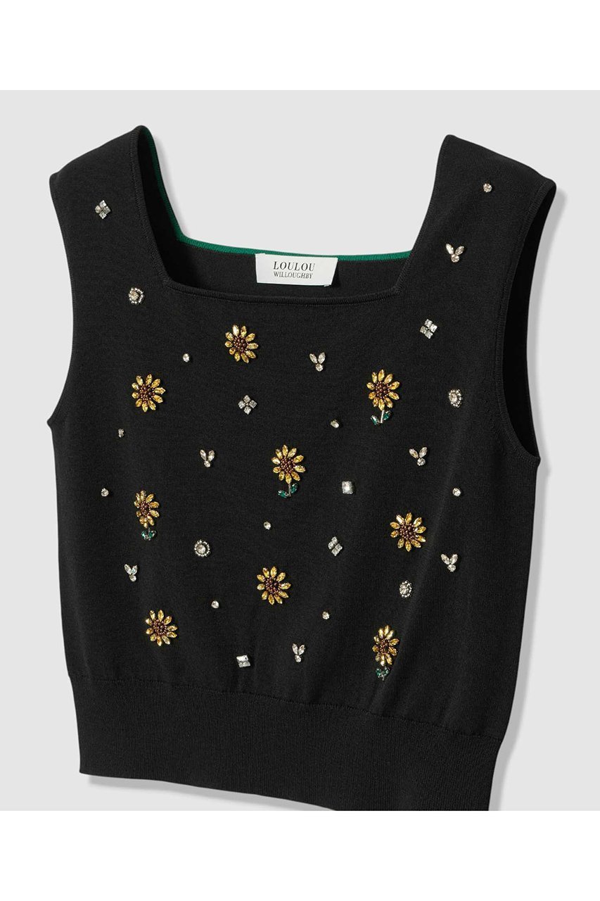 【アルアバイル/allureville】の〈WEB 一部店舗限定〉【LOULOU WILLOUGHBY】サンフラワービジュータンクトップ 人気、トレンドファッション・服の通販 founy(ファニー) 　ファッション　Fashion　レディースファッション　Fashion for Women　トップス・カットソー　Cut & Sew Tops　ニット　Knit Tops & Sweaters　カジュアルプルオーバー・ニットトップス　Pullovers & Knit Tops / Casual Pullovers　アンサンブル　Ensemble Set　インナー　Innerwear　カーディガン　Cardigan, Knitwear　ジャケット　Jacket, Outerwear　スクエア　Square, Square Shape　タンク　Tank Top, Sleeveless Top　ツイスト　Tweed, Tweed Fabric　ビジュー　Bijou, Jewel-like Accent　モチーフ　Motif, Design Theme　新作・新入荷　New Arrivals / New In　other-3|ID: prp329100004935571 ipo3291000000037038088