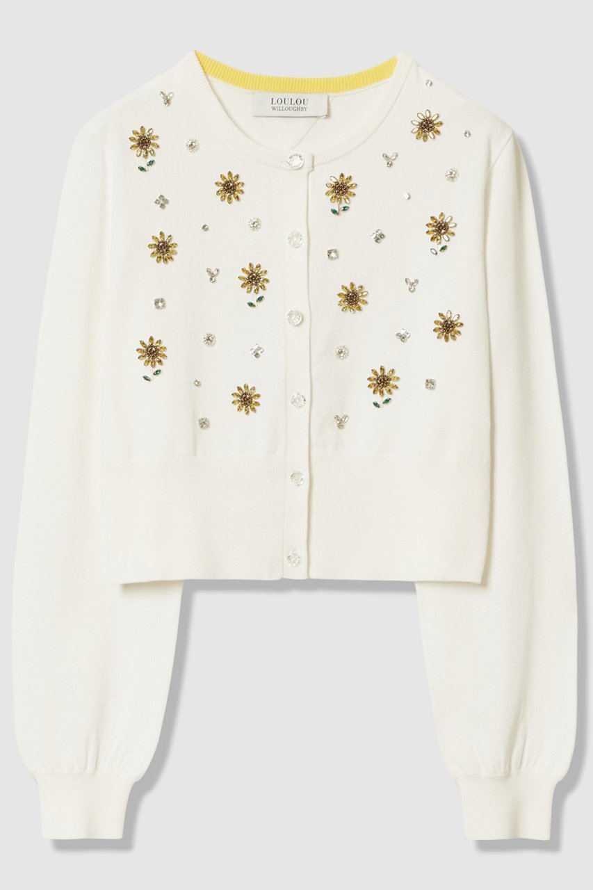 【アルアバイル/allureville】の〈WEB 一部店舗限定〉【LOULOU WILLOUGHBY】サンフラワービジューカーディガン インテリア・キッズ・メンズ・レディースファッション・服の通販 founy(ファニー) 　ファッション　Fashion　レディースファッション　Fashion for Women　トップス・カットソー　Cut & Sew Tops　ニット　Knit Tops & Sweaters　カーディガン・羽織り　Layered Style Cardigans　カーディガン　Cardigan, Knitwear　ツイスト　Tweed, Tweed Fabric　ビジュー　Bijou, Jewel-like Accent　モチーフ　Motif, Design Theme　夏　Summer　新作・新入荷　New Arrivals / New In　オフホワイト|ID: prp329100004935572 ipo3291000000037038095