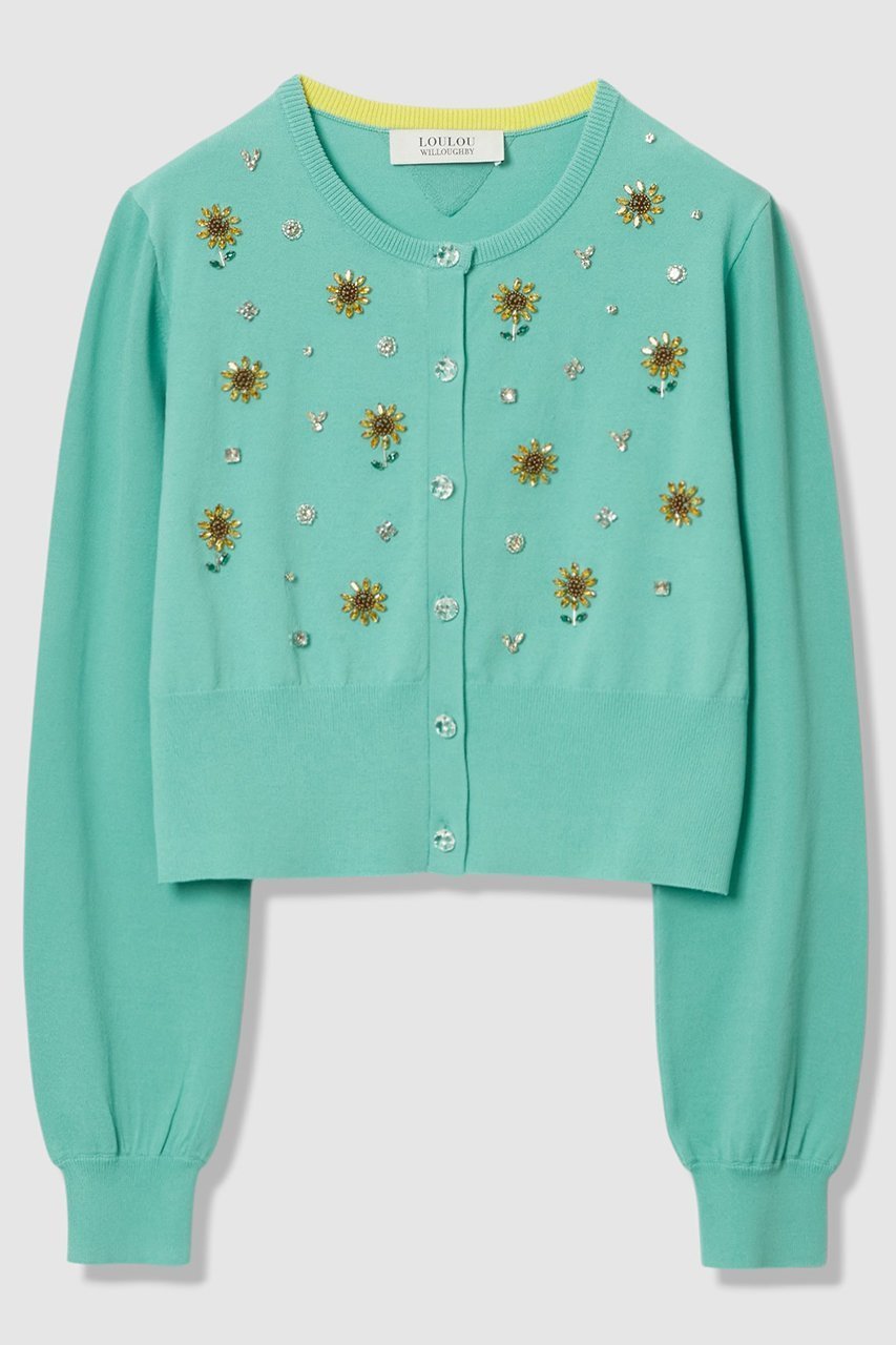 【アルアバイル/allureville】の〈WEB 一部店舗限定〉【LOULOU WILLOUGHBY】サンフラワービジューカーディガン インテリア・キッズ・メンズ・レディースファッション・服の通販 founy(ファニー) 　ファッション　Fashion　レディースファッション　Fashion for Women　トップス・カットソー　Cut & Sew Tops　ニット　Knit Tops & Sweaters　カーディガン・羽織り　Layered Style Cardigans　カーディガン　Cardigan, Knitwear　ツイスト　Tweed, Tweed Fabric　ビジュー　Bijou, Jewel-like Accent　モチーフ　Motif, Design Theme　夏　Summer　新作・新入荷　New Arrivals / New In　ターコイズ|ID: prp329100004935572 ipo3291000000037038096