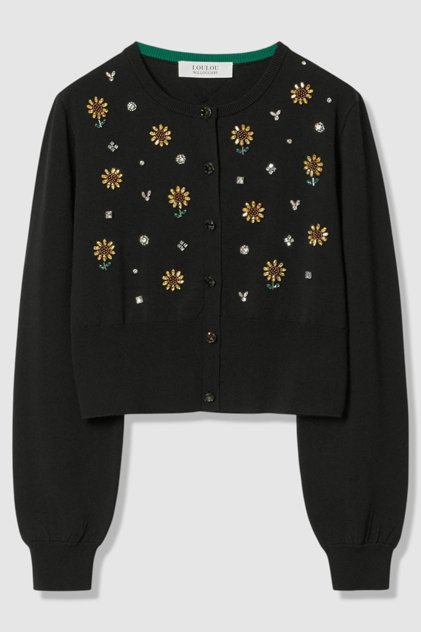 【アルアバイル/allureville】の〈WEB 一部店舗限定〉【LOULOU WILLOUGHBY】サンフラワービジューカーディガン インテリア・キッズ・メンズ・レディースファッション・服の通販 founy(ファニー) 　ファッション　Fashion　レディースファッション　Fashion for Women　トップス・カットソー　Cut & Sew Tops　ニット　Knit Tops & Sweaters　カーディガン・羽織り　Layered Style Cardigans　カーディガン　Cardigan, Knitwear　ツイスト　Tweed, Tweed Fabric　ビジュー　Bijou, Jewel-like Accent　モチーフ　Motif, Design Theme　夏　Summer　新作・新入荷　New Arrivals / New In　ブラック|ID: prp329100004935572 ipo3291000000037038097