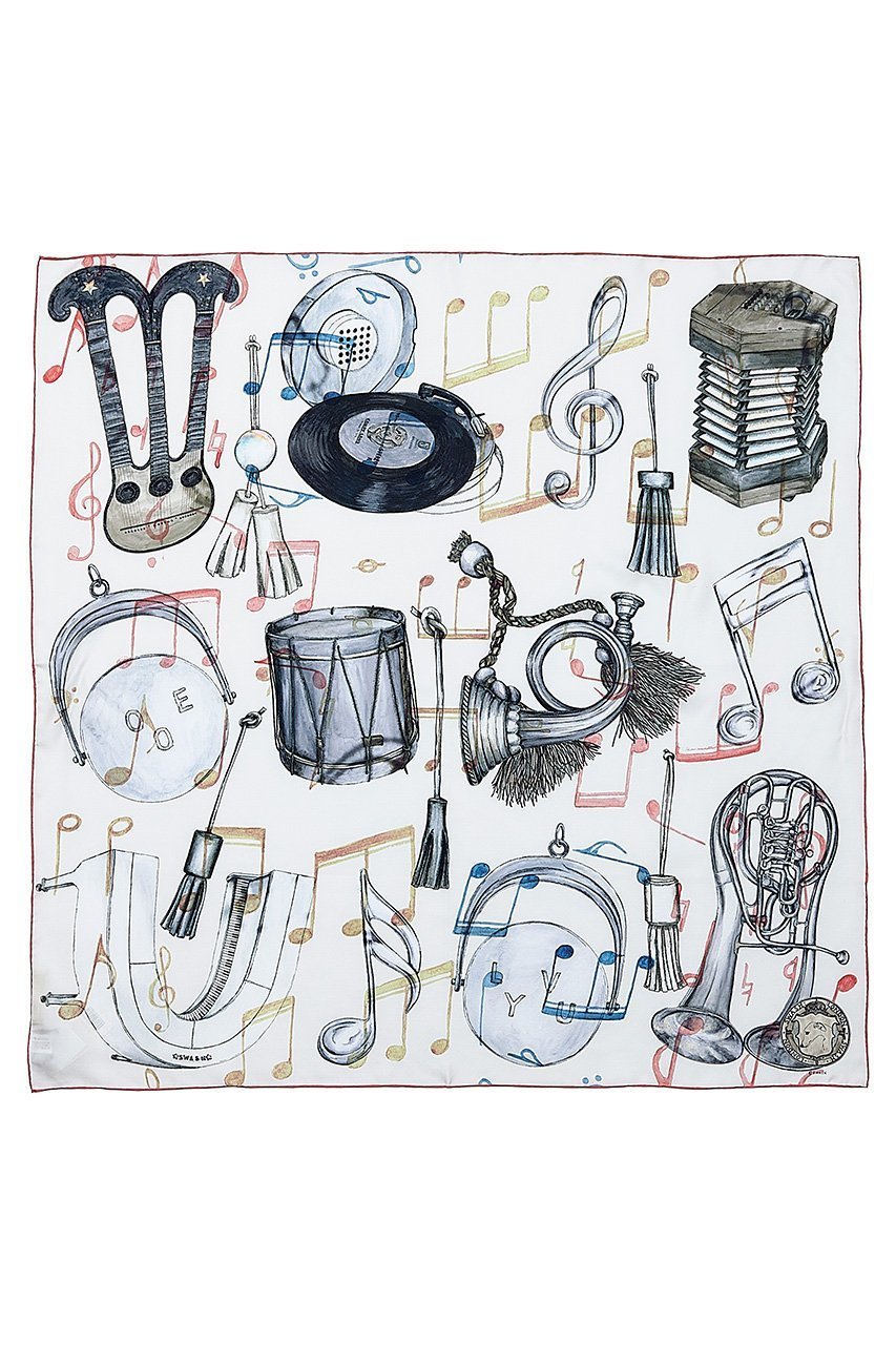 【スウォッシュロンドン/SWASH LONDON】のMelody Motifシルクスカーフ 約88cmx約88cm インテリア・キッズ・メンズ・レディースファッション・服の通販 founy(ファニー) 　ファッション　Fashion　レディースファッション　Fashion for Women　ストール　Soft & Warm Scarves　マフラー・スヌード / 冬小物の定番　Scarves & Mufflers　シルク　Silk, 100% Silk　スカーフ　Scarf, Neckwear　ストール　Stole, Wrap　チャーム　Charm, Pendant　マフラー　Scarf, Muffler　モチーフ　Motif, Design Theme　エレガント 上品　Elegant　オフホワイト|ID: prp329100004936708 ipo3291000000037044387