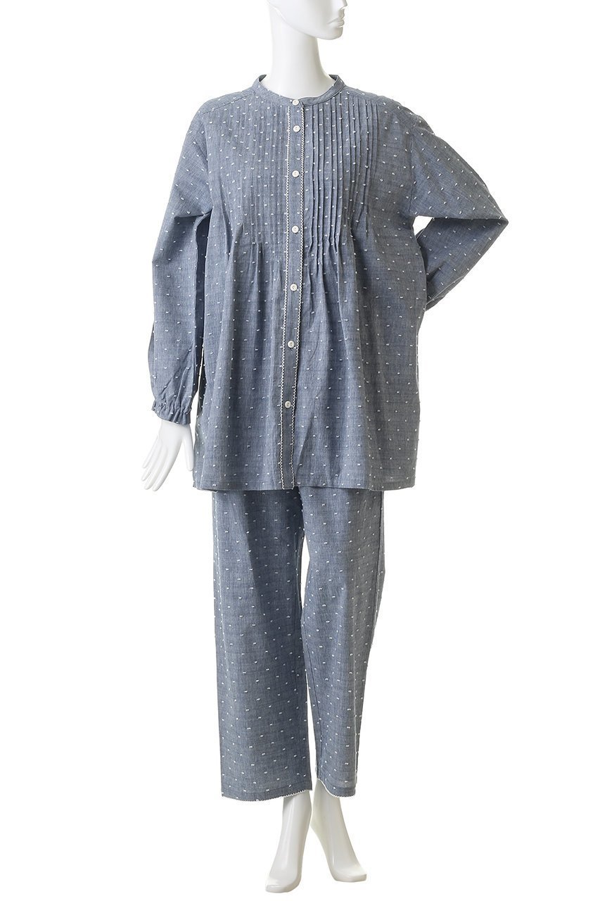 【キッドブルー/KID BLUE】の26ドビードットシャンブレーパジャマ 人気、トレンドファッション・服の通販 founy(ファニー) 　ファッション　Fashion　レディースファッション　Fashion for Women　トップス・カットソー　Cut & Sew Tops　ギャザー　Gathered, Ruffled　スリーブ　Sleeve, Long Sleeve / Short Sleeve　ドット　Polka Dot, Dot Pattern　パジャマ　Pajamas, Sleepwear　ロング　Long, Long-Length　再入荷　Restock / Back in Stock　other-2|ID: prp329100004938191 ipo3291000000037055031