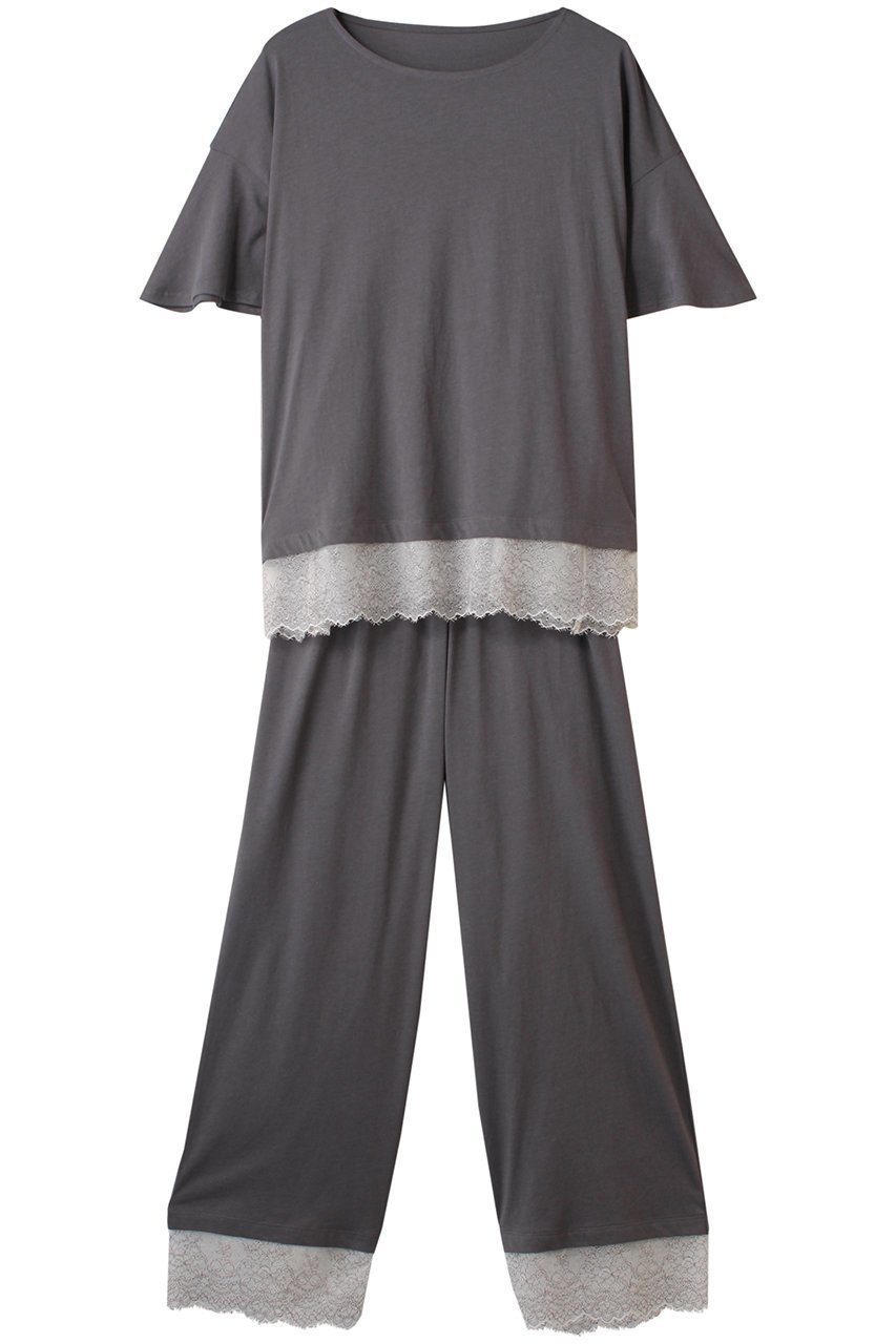 【キッドブルー/KID BLUE】の25CR天竺レースパジャマ インテリア・キッズ・メンズ・レディースファッション・服の通販 founy(ファニー) 　ファッション　Fashion　レディースファッション　Fashion for Women　トップス・カットソー　Cut & Sew Tops　スリーブ　Sleeve, Long Sleeve / Short Sleeve　パジャマ　Pajamas, Sleepwear　フェミニン　Feminine, Girly　レース　Lace, Lace Fabric　再入荷　Restock / Back in Stock　夏　Summer　チャコール|ID: prp329100004938294 ipo3291000000037056075