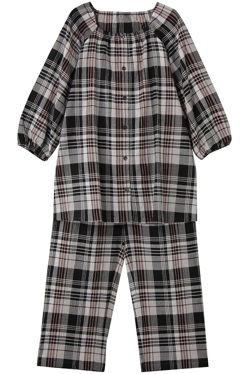 【キッドブルー/KID BLUE】の26シャーリングチェックパジャマ インテリア・キッズ・メンズ・レディースファッション・服の通販 founy(ファニー) 　ファッション　Fashion　レディースファッション　Fashion for Women　トップス・カットソー　Cut & Sew Tops　シャーリング　Shirring, Ruched　チェック　Check, Plaid, Tartan　パジャマ　Pajamas, Sleepwear　ボトム　Bottoms, Lower Wear　リラックス　Relax, Relaxed Fit　新作・新入荷　New Arrivals / New In　ブラック|ID: prp329100004941653 ipo3291000000037088219