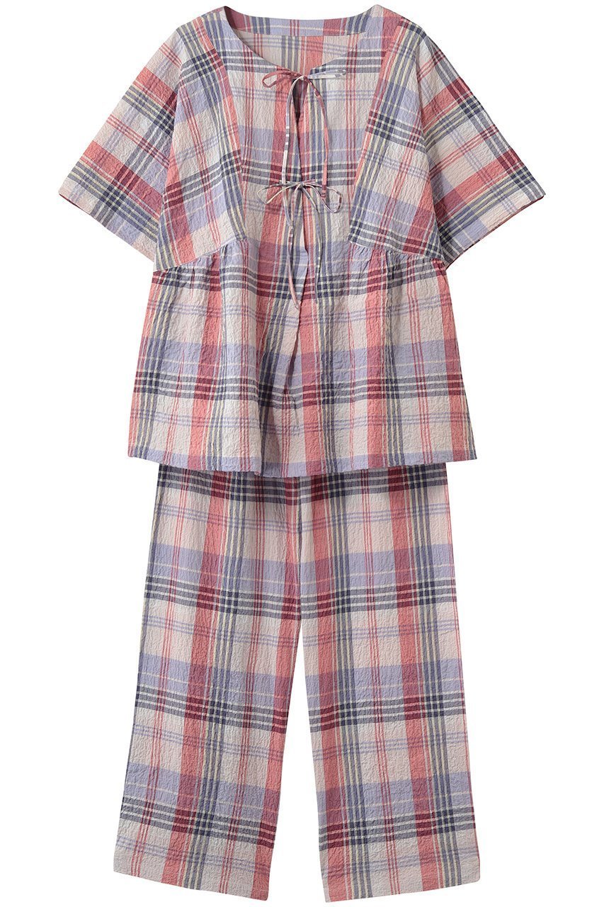 【キッドブルー/KID BLUE】の26シャーリングチェックパジャマ インテリア・キッズ・メンズ・レディースファッション・服の通販 founy(ファニー) 　ファッション　Fashion　レディースファッション　Fashion for Women　トップス・カットソー　Cut & Sew Tops　シャーリング　Shirring, Ruched　チェック　Check, Plaid, Tartan　パジャマ　Pajamas, Sleepwear　リボン　Ribbon, Bow　夏　Summer　新作・新入荷　New Arrivals / New In　レッド|ID: prp329100004941654 ipo3291000000037088227