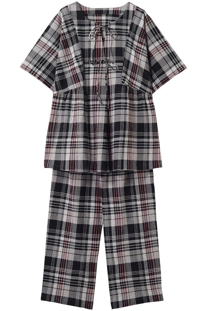 【キッドブルー/KID BLUE】の26シャーリングチェックパジャマ インテリア・キッズ・メンズ・レディースファッション・服の通販 founy(ファニー) 　ファッション　Fashion　レディースファッション　Fashion for Women　トップス・カットソー　Cut & Sew Tops　シャーリング　Shirring, Ruched　チェック　Check, Plaid, Tartan　パジャマ　Pajamas, Sleepwear　リボン　Ribbon, Bow　夏　Summer　新作・新入荷　New Arrivals / New In　ブラック|ID: prp329100004941654 ipo3291000000037088228